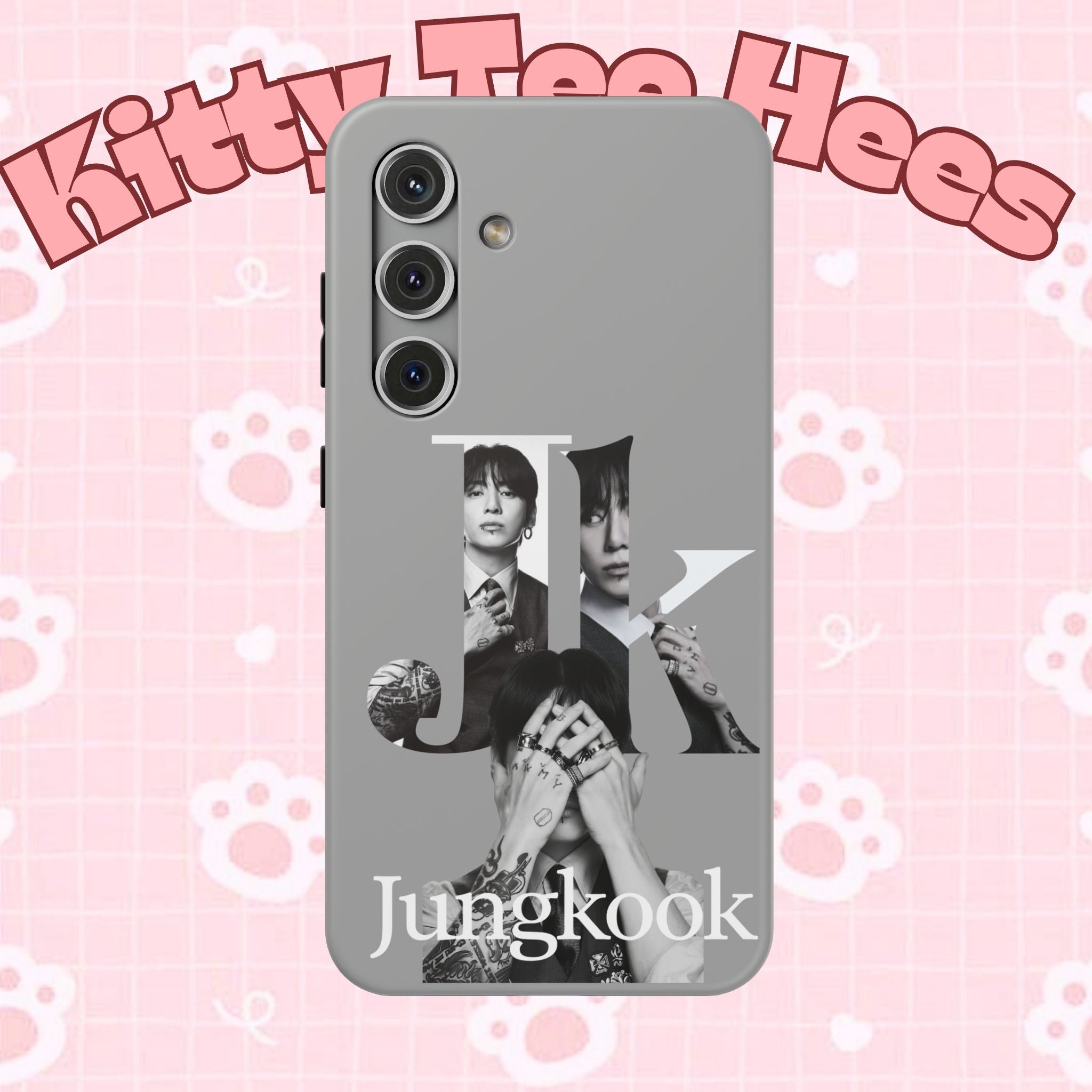 Monochrome BTS Jungkook phone case by Printify featuring impact-resistant design and letter motif for Samsung and iPhone models