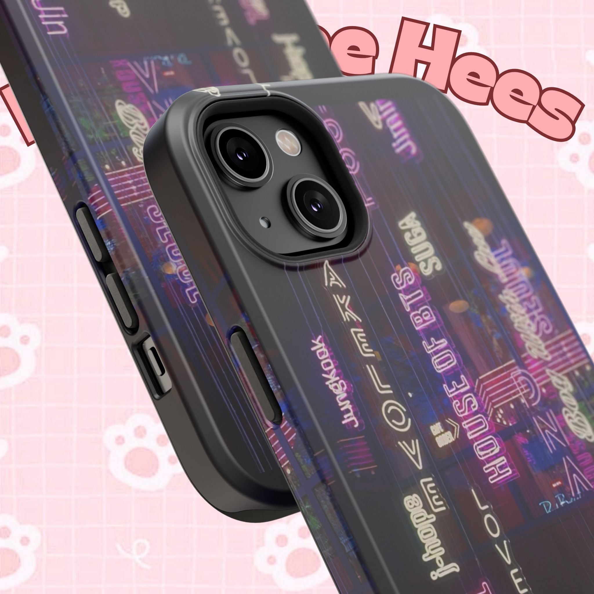 Neon Korean script BTS phone case for iPhone and Samsung, impact-resistant Printify case with bold neon design.