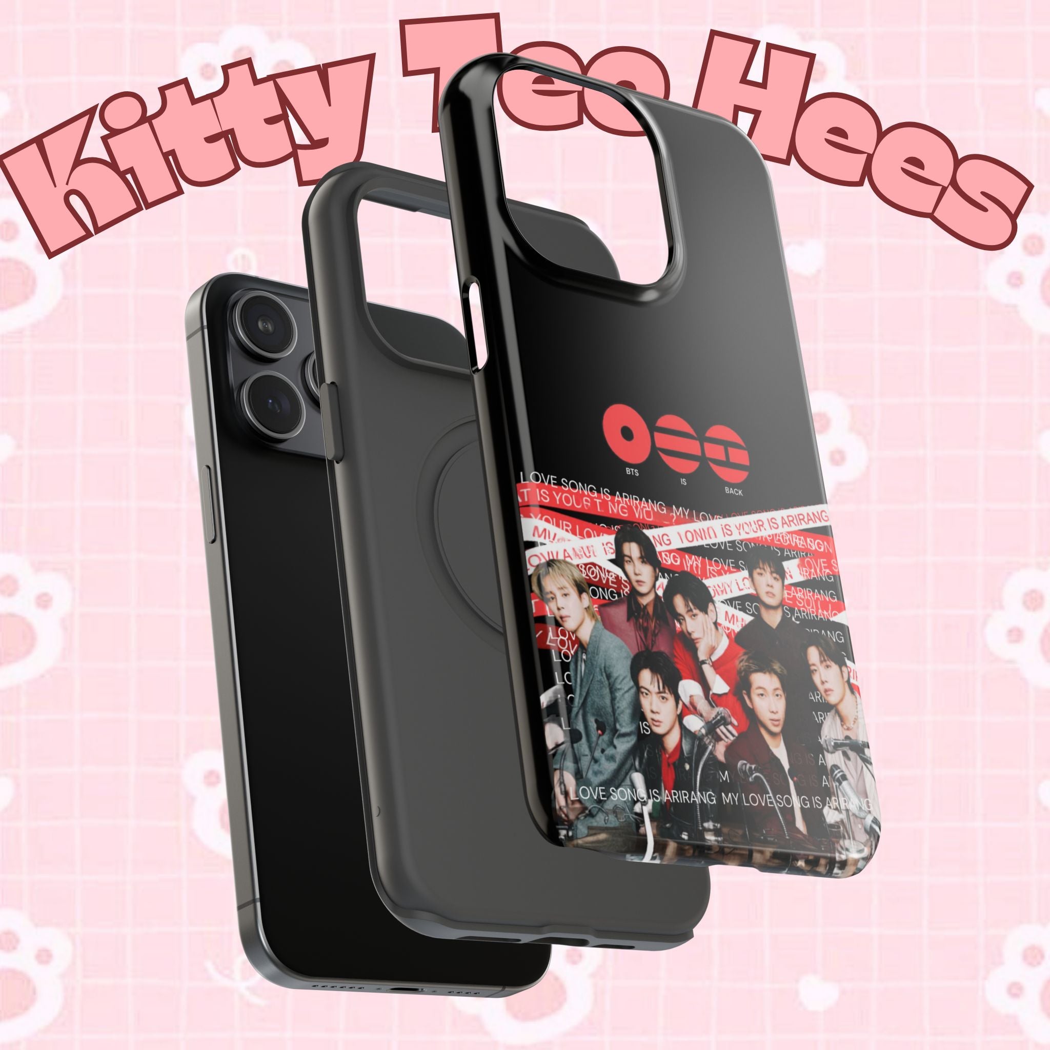 K-Pop BTS Bangtan phone case with concert fan-made design, impact-resistant, featuring BTS band photo and Arirang branding.