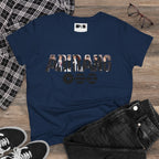 BTS ARIRANG graphic T-shirt featuring band member names and BTS logo in colorful print on a casual tee.