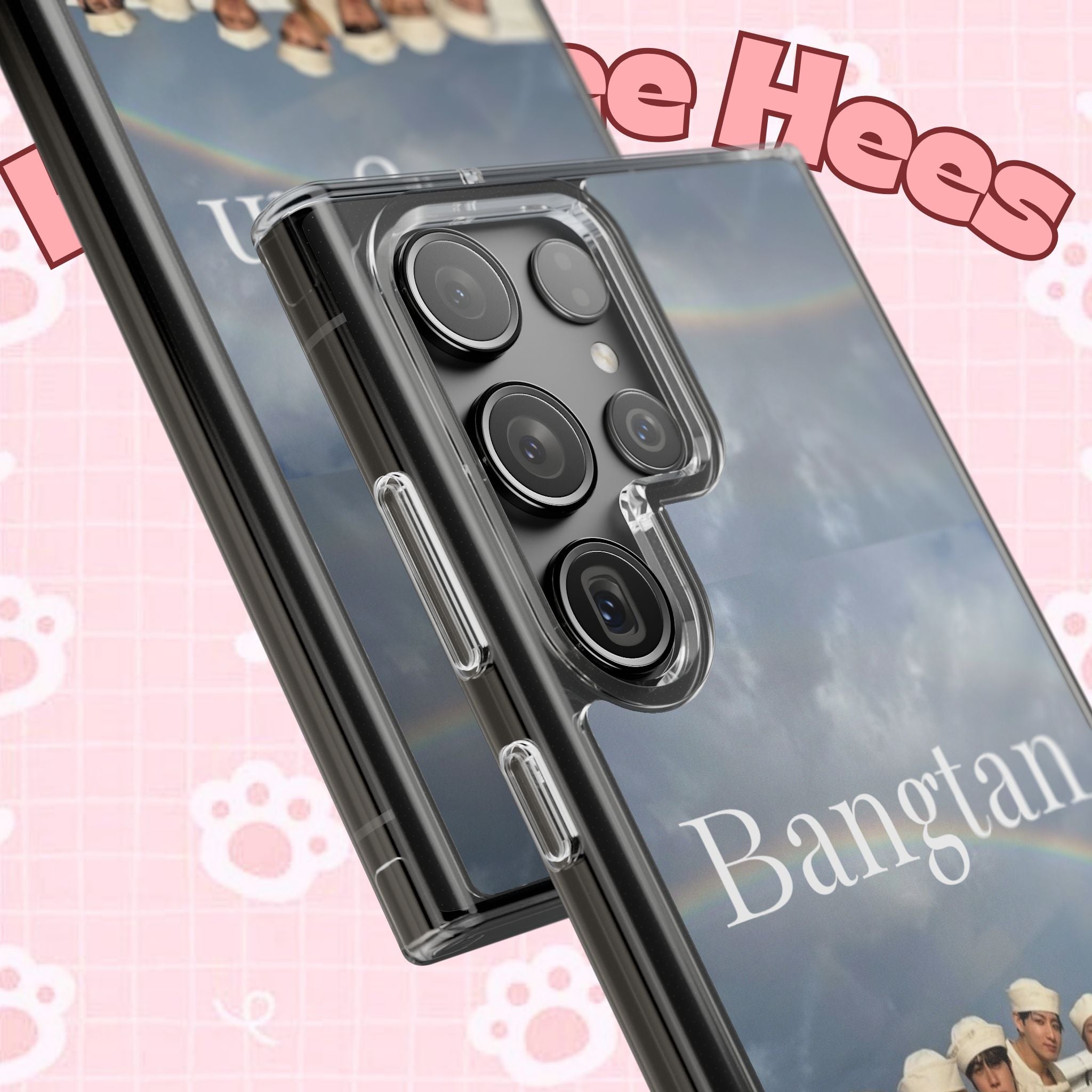 Clear impact-resistant phone case featuring cute Bangtan Boys K-pop design, perfect for protecting and showcasing your phone.
