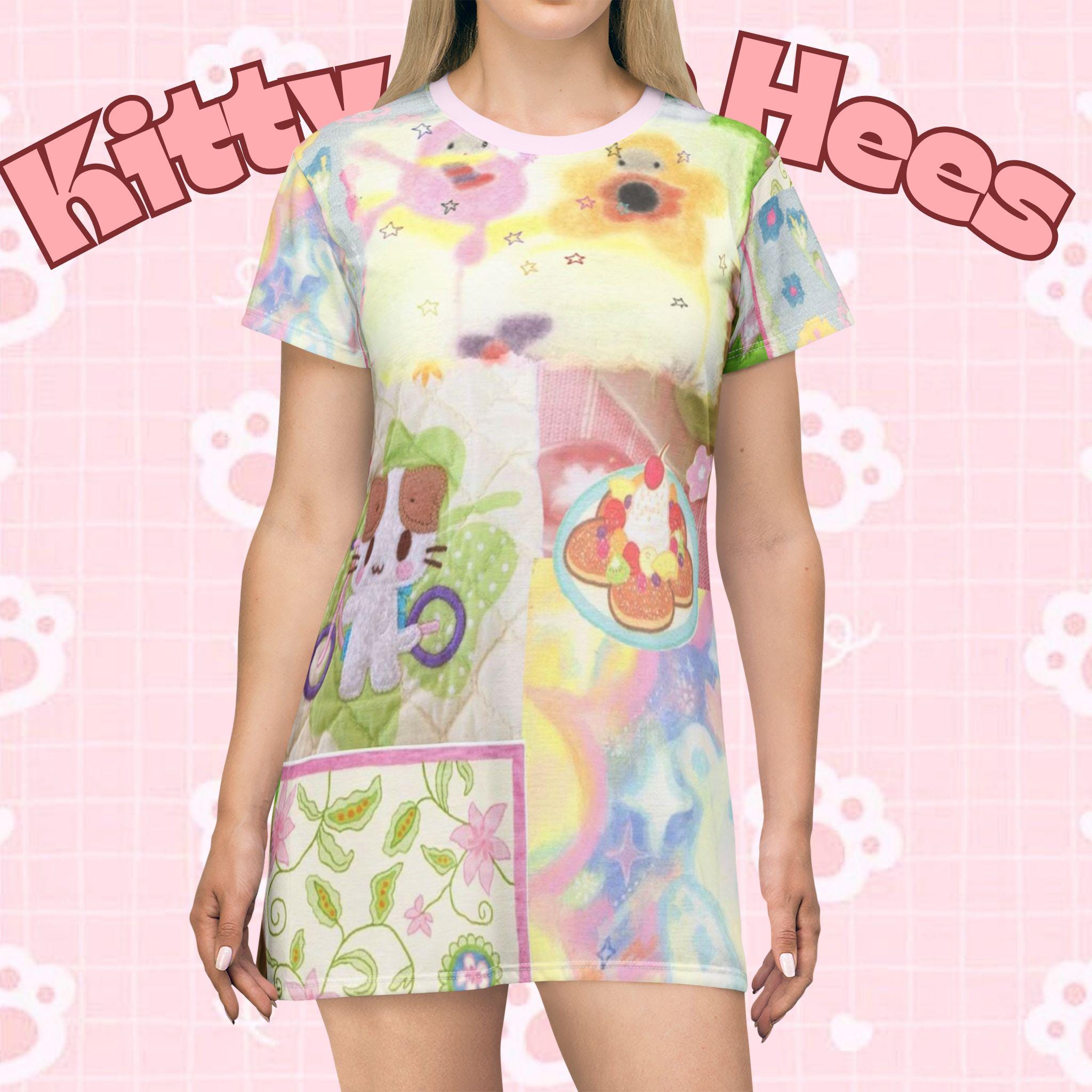 Cotton candy dreams kitty T-Shirt Dress, Kawaii Fashion, Pastel Aesthetic Dress, Summer Casual Wear, Unique Gift for Cat Lovers, Adorabe - Kitty TeeHees