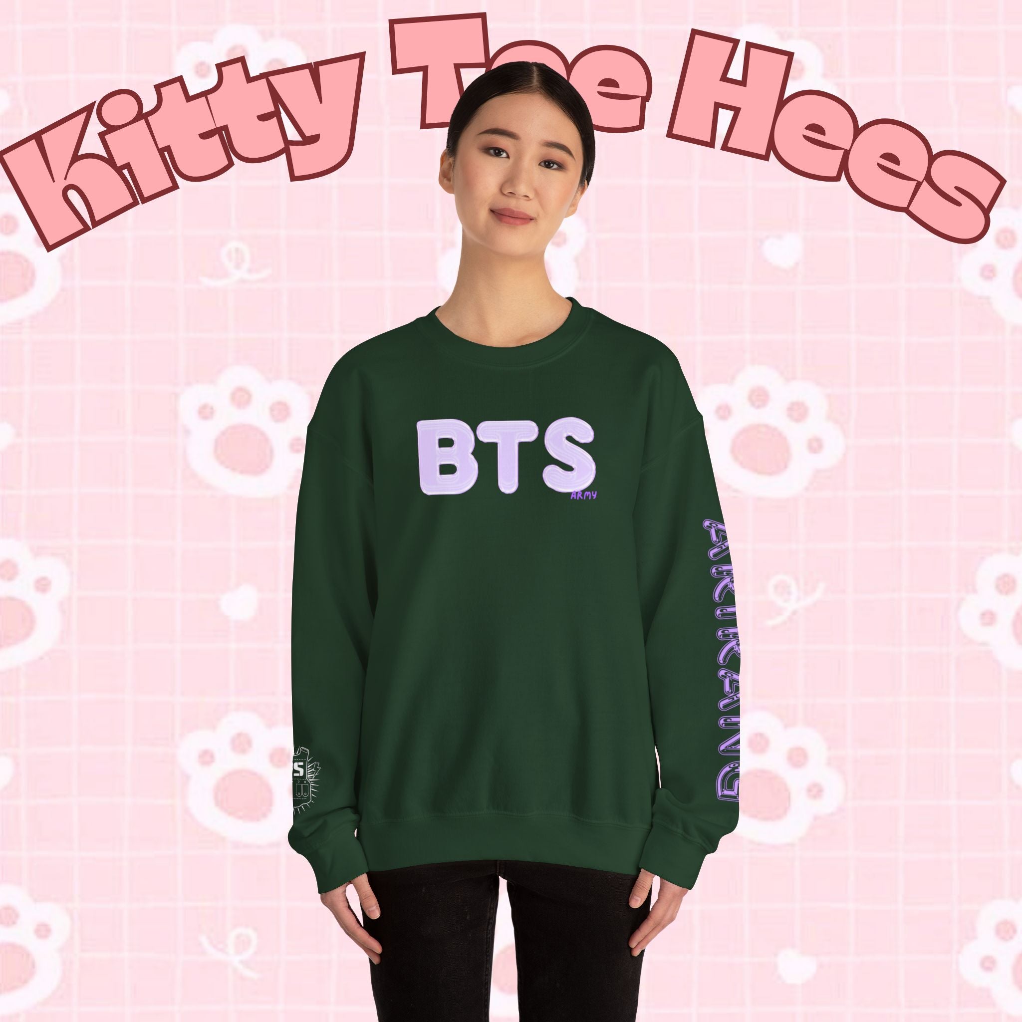 BTS Logo Arirang crewneck sweatshirt with lavender print, K-pop band pullover, concert sweater, Printify branded apparel.