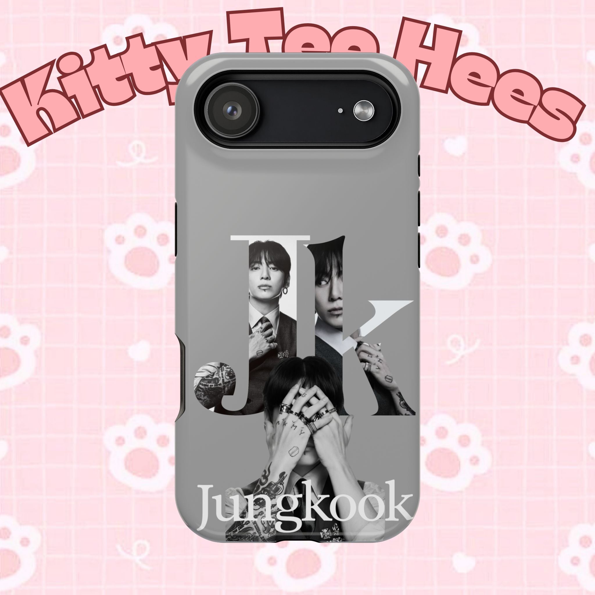 Impact-resistant phone case featuring monochrome Jungkook and BTS lettering, designed for a stylish and protective look.