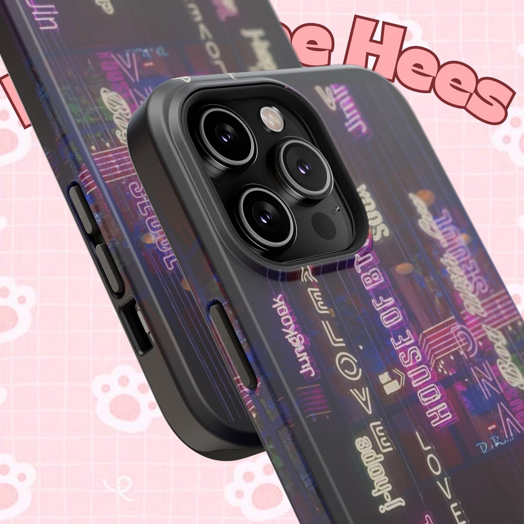 Neon Korean script BTS phone case for iPhone and Samsung, impact-resistant, featuring vibrant neon design and BTS branding.