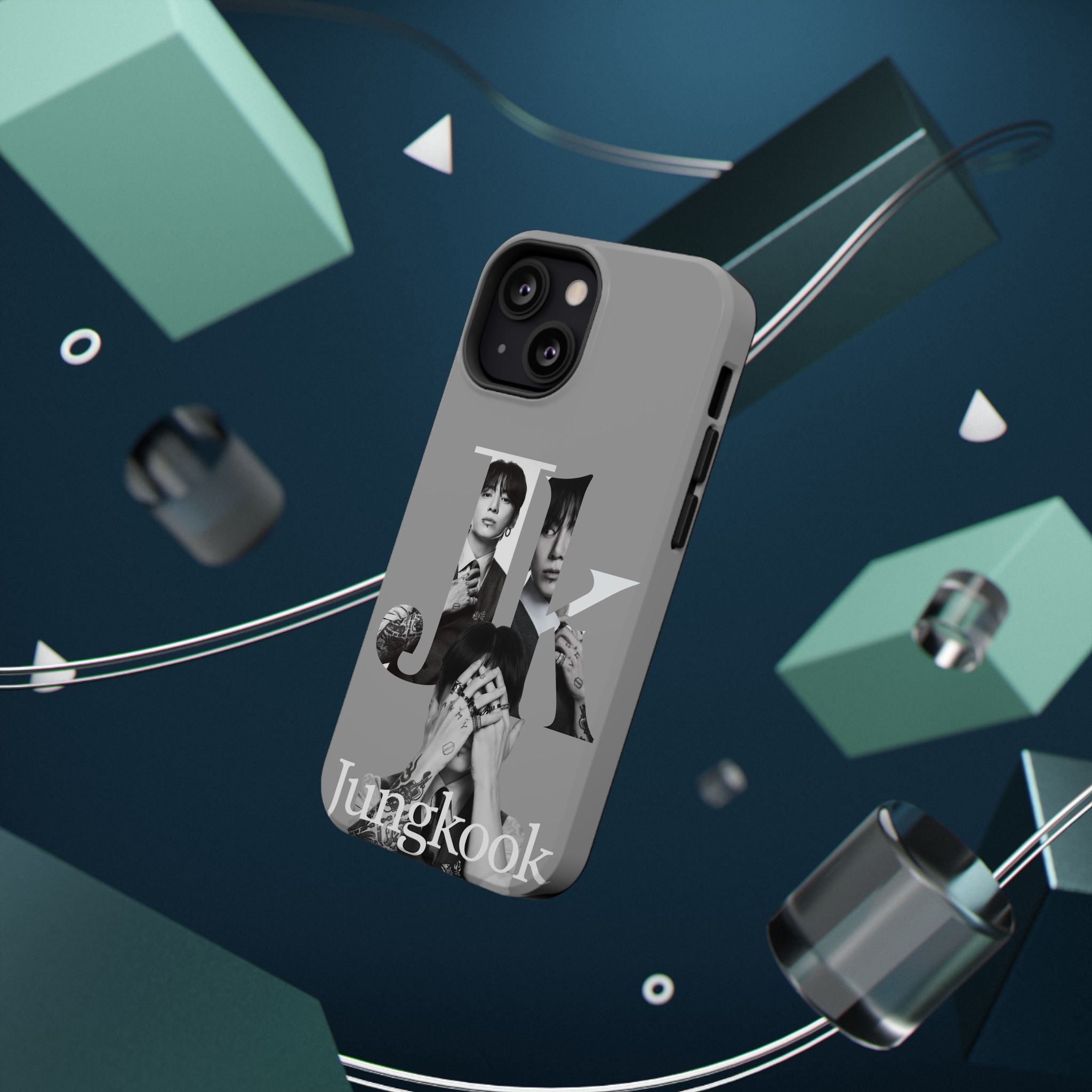 Monochrome BTS Jungkook phone case with impact-resistant design, featuring letter print from Printify for Samsung and iPhone models.