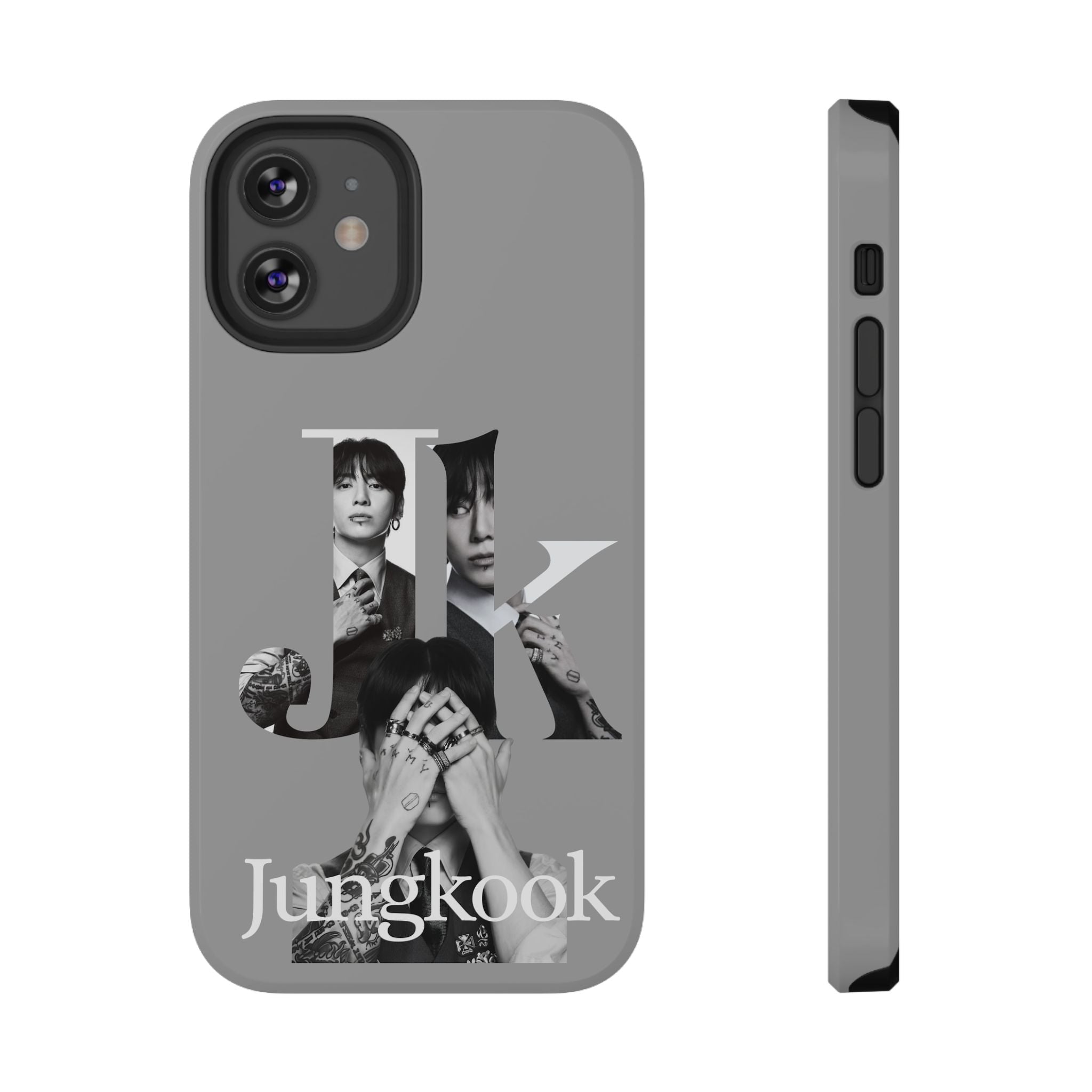 Monochrome BTS Jungkook phone case with letter design, impact-resistant Printify phone case featuring Jungkook from BTS.