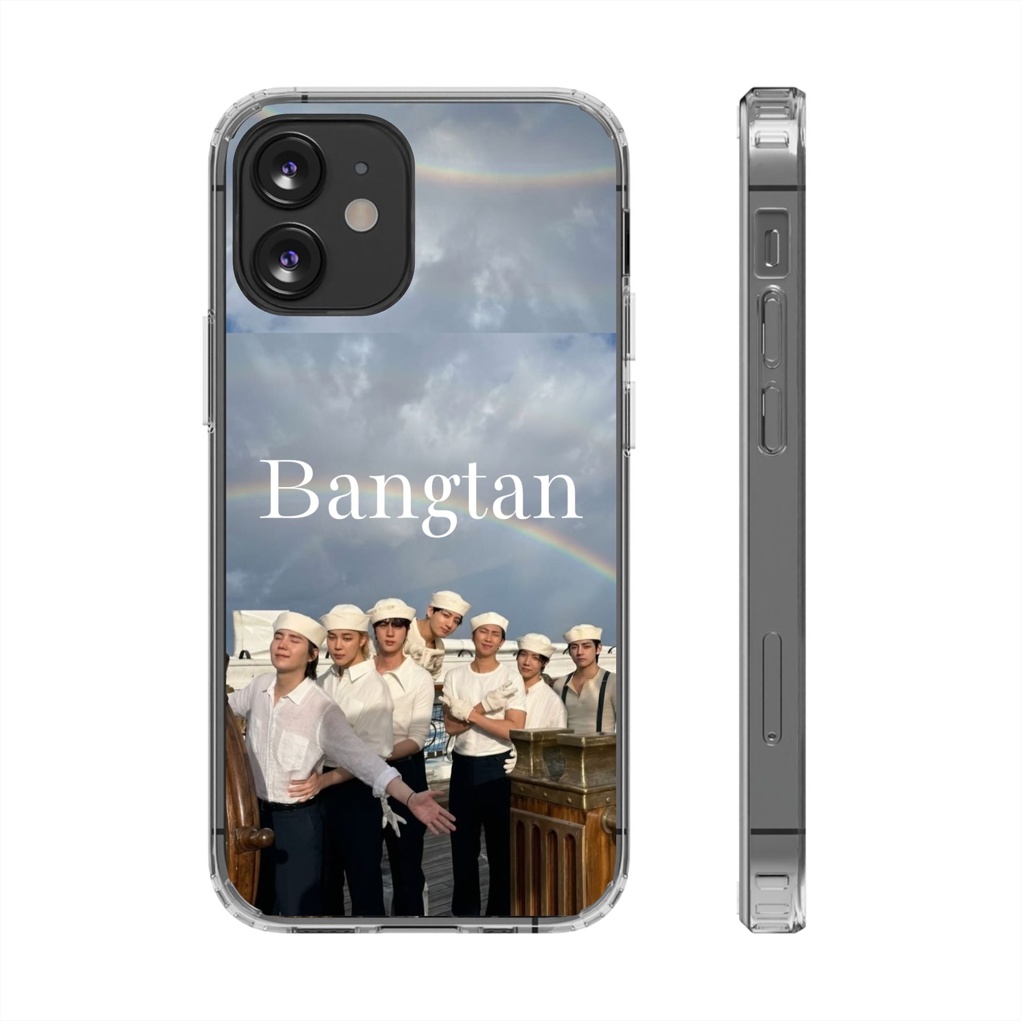 Clear impact-resistant phone case with Bangtan K-pop design, custom print by Printify, fits a smartphone, offers stylish protection.