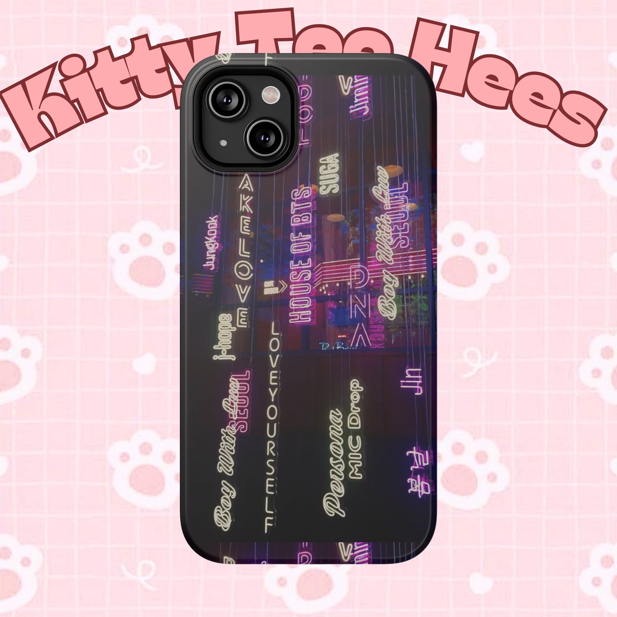 Neon Korean script BTS phone case for iPhone and Samsung, impact-resistant design, featuring bold neon lettering and BTS branding.