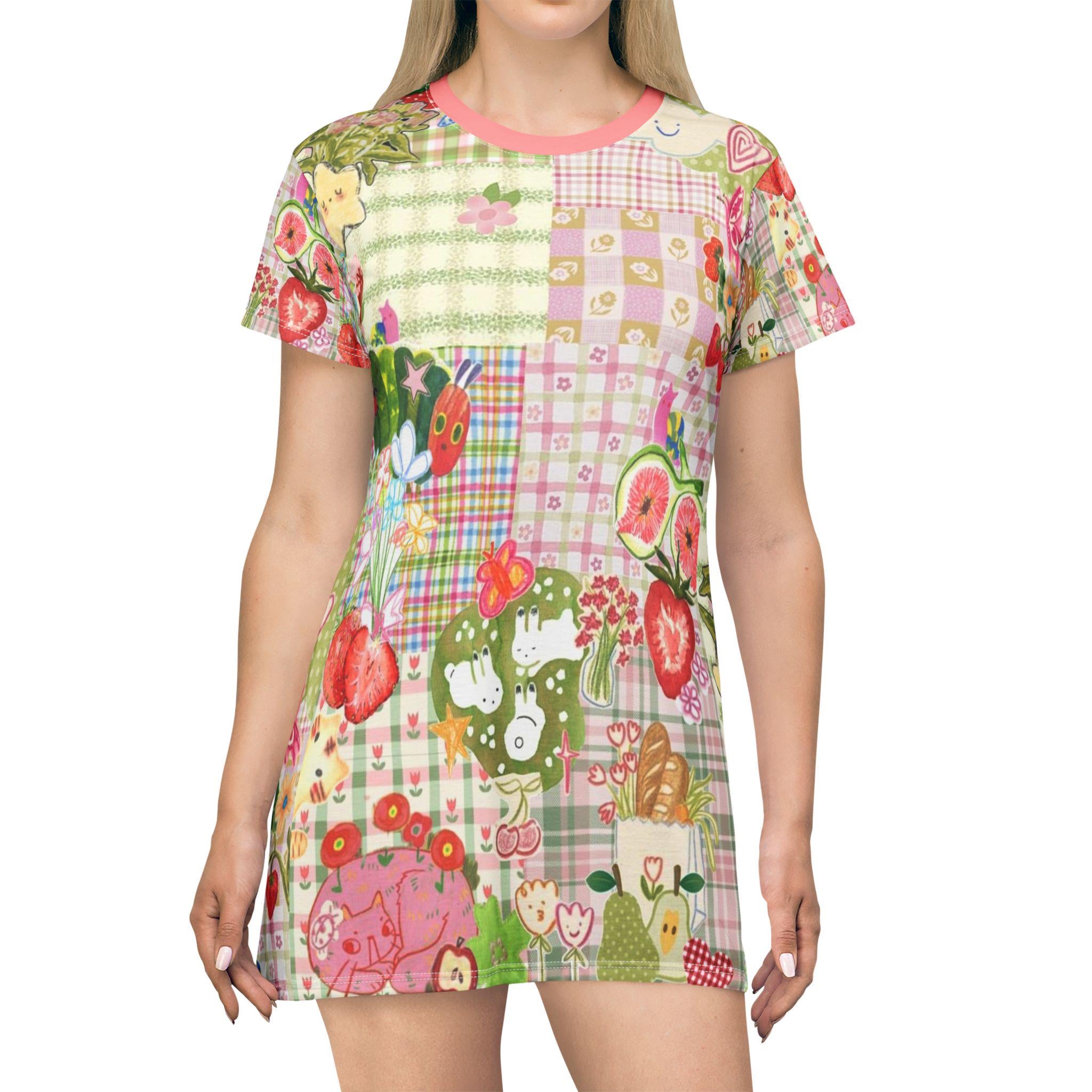 Patchwork T-Shirt Dress, Fruit & Nature Print, Fun Fashion - Kitty TeeHees