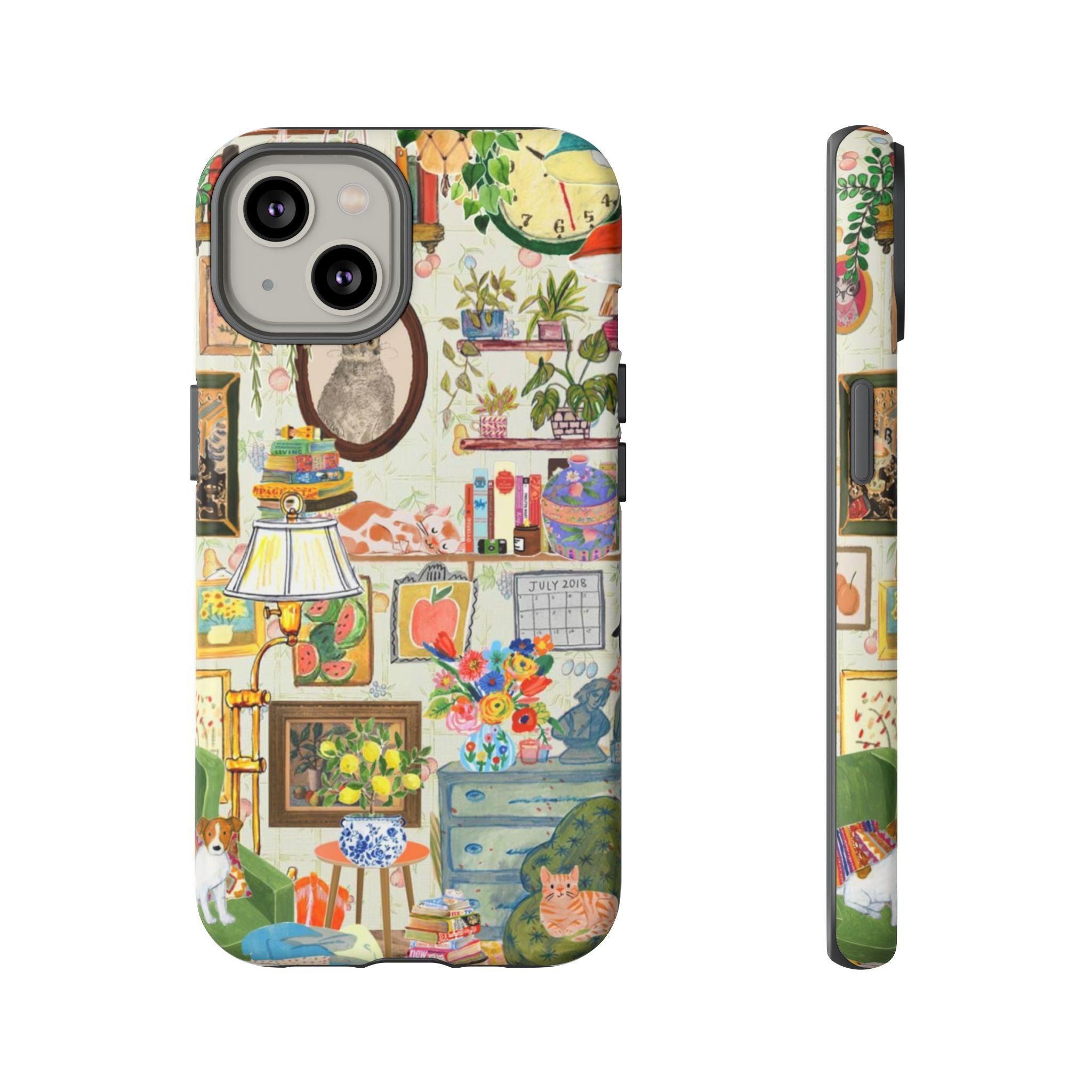 Cute cat pet portrait iPhone 17 case by Printify featuring a cozy living room scene with a stylish design.