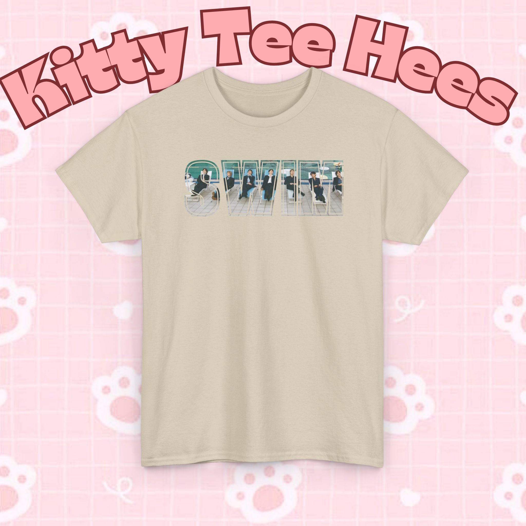 Printify BTS swim graphic T-shirt featuring a pool scene and "I could spend a lifetime watching you swim" text, casual BTS concert tee