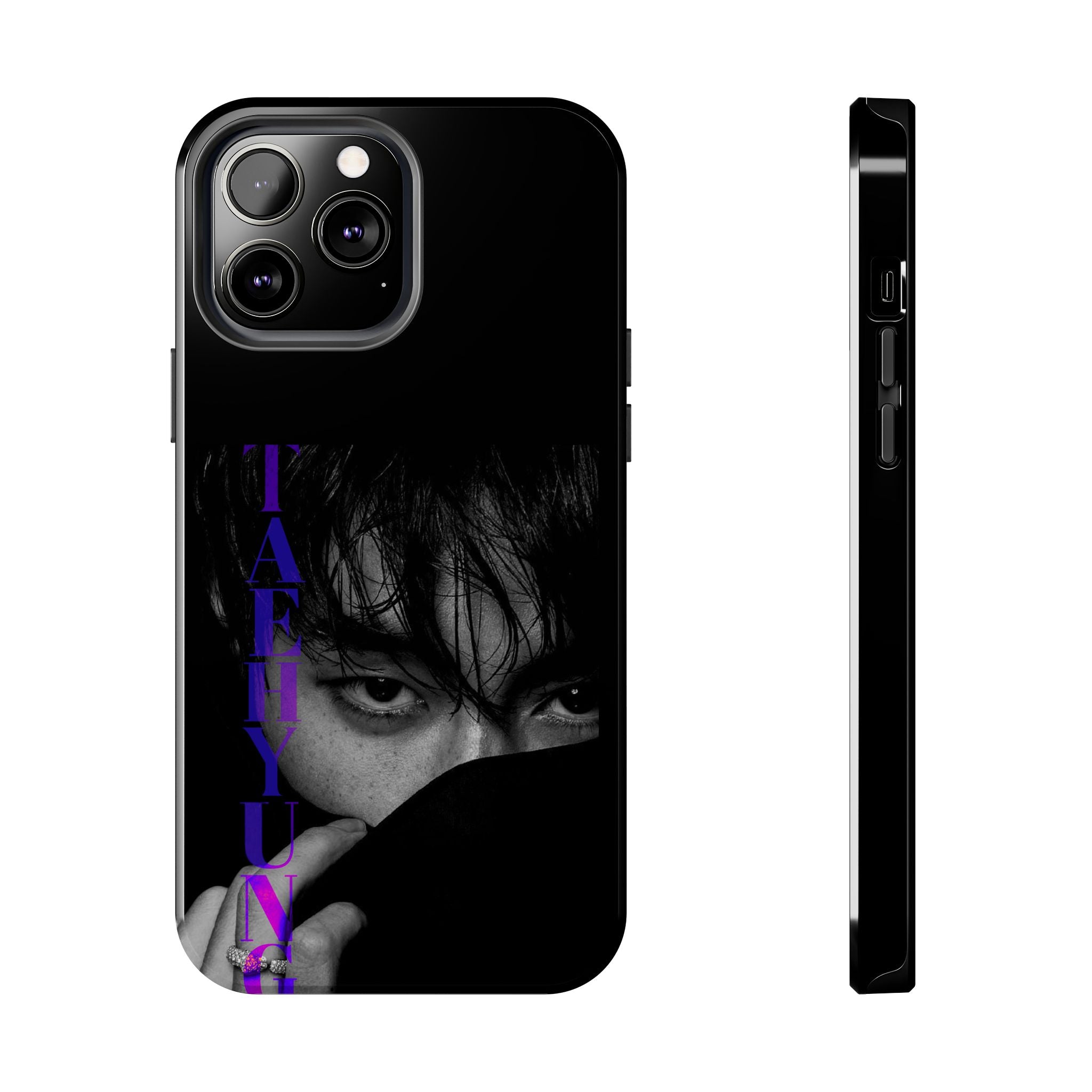 Dark BTS Taehyung (V) phone case with Bangtan design for iPhone and Samsung, stylish protective cover featuring Kim Taehyung.