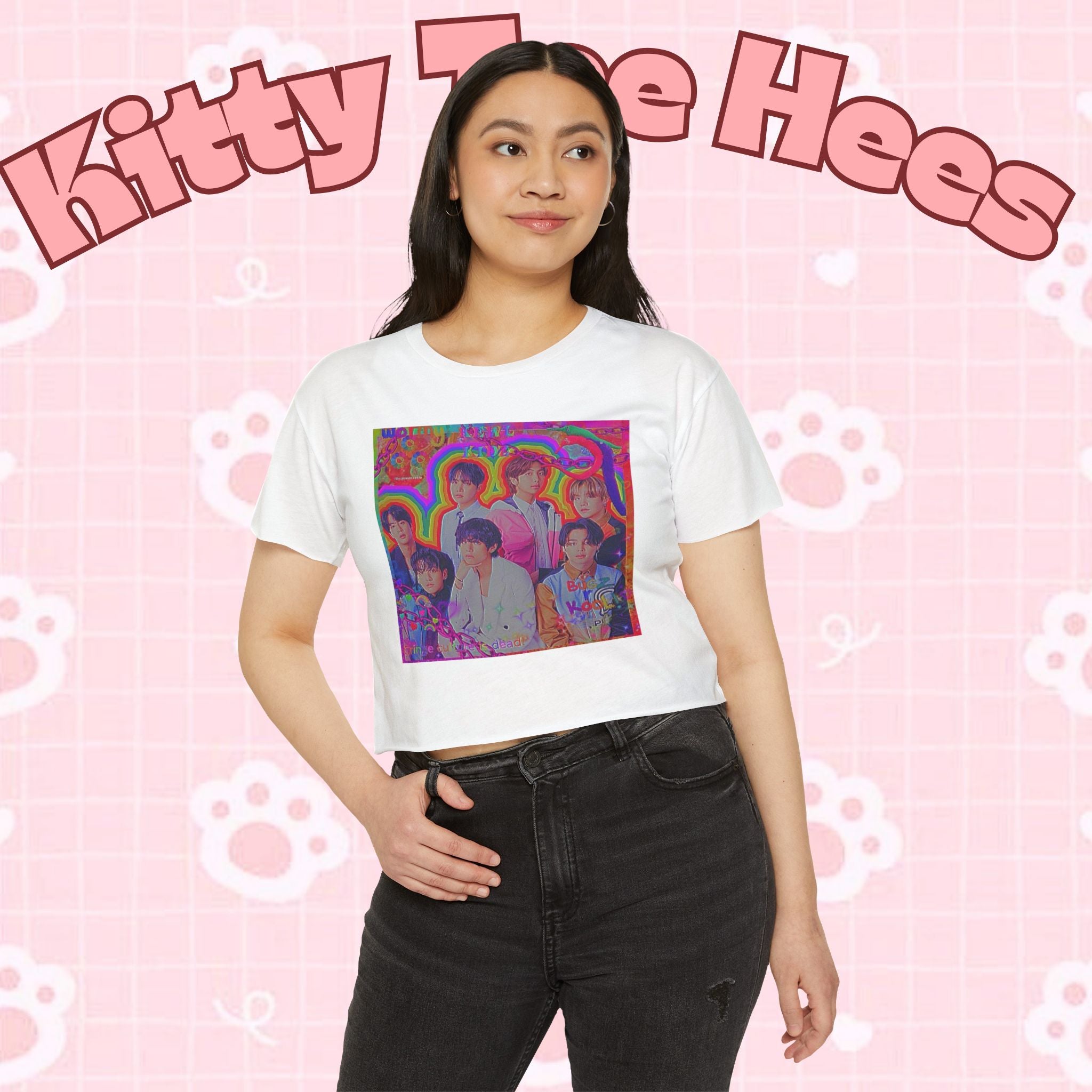 Colorful BTS kidcore T-shirt featuring a Bangtan Boys K-Pop group photo, women's festival crop top by Printify.