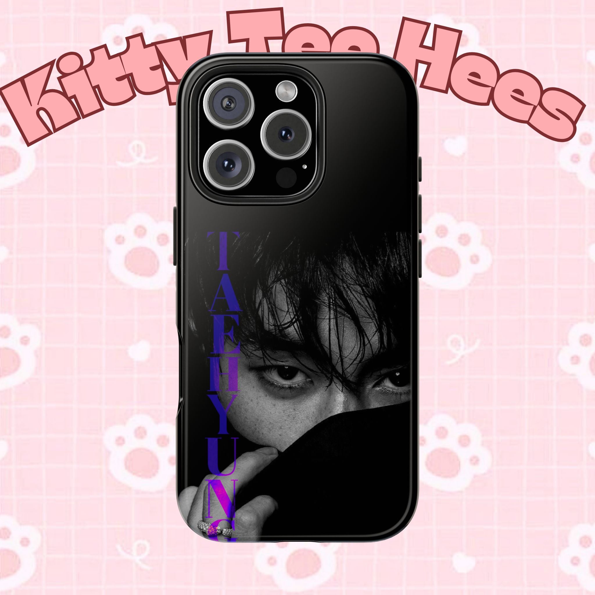 Dark BTS Taehyung (V) phone case with Bangtan design for iPhone and Samsung, featuring a custom Kim Taehyung portrait.
