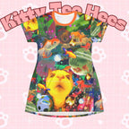 Colorful fish print cat T-shirt dress featuring playful cat and fish designs, perfect for pet lovers and cat moms.