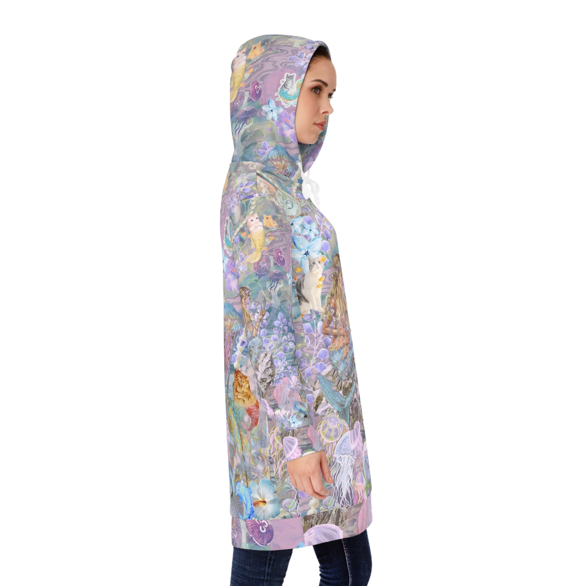 Mermaid Dreams women's hoodie dress with vibrant fantasy all-over print, cozy casual wear perfect for beach days and ocean lovers.