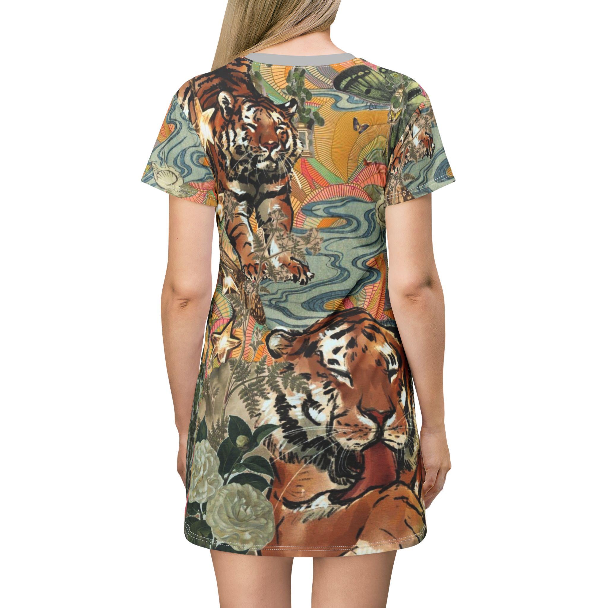 Tiger Print T-Shirt Dress, Comfy Summer Wear, Catlover Fashion - Kitty TeeHees