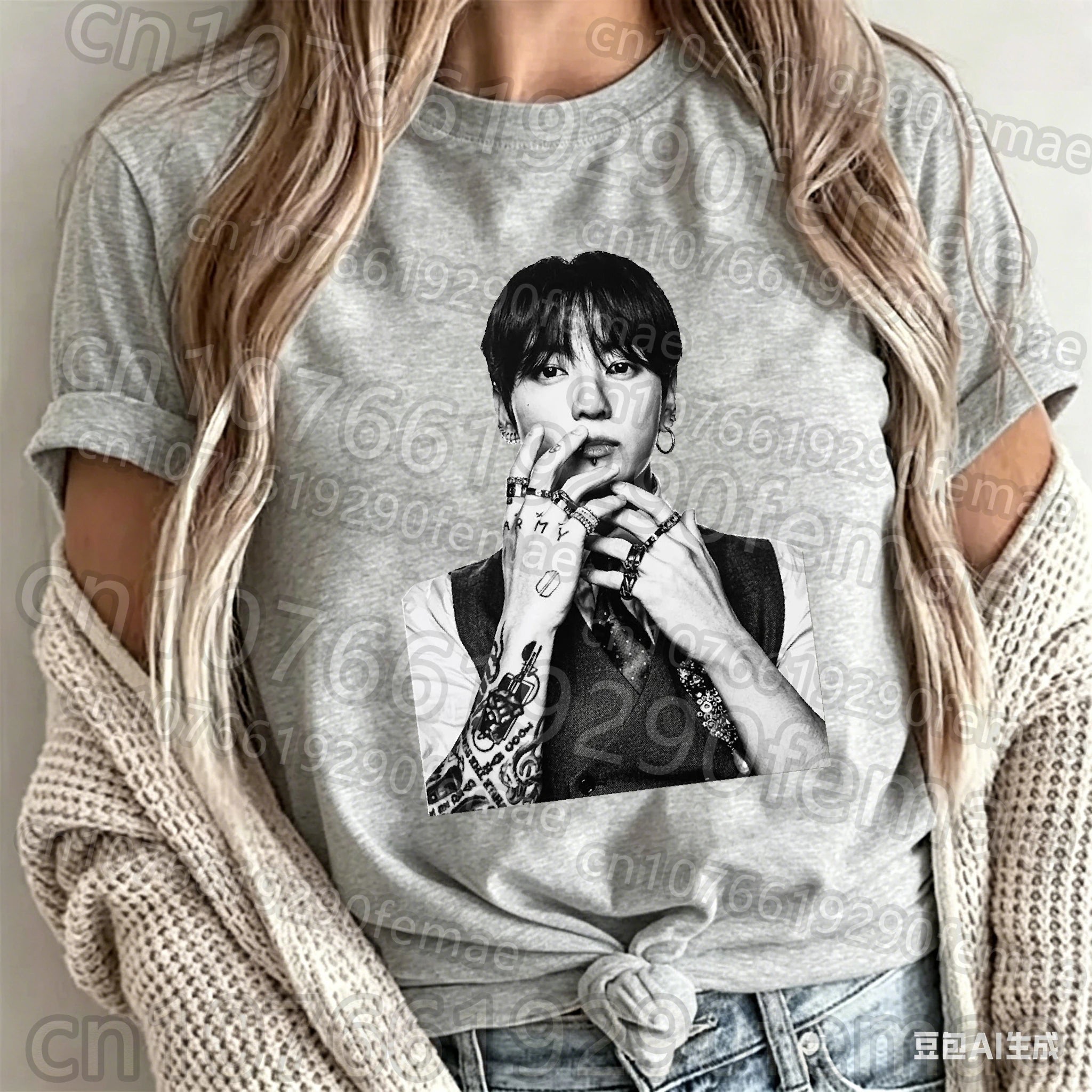 Jungkook printed cotton short sleeve T-shirt featuring K-pop idol design, unisex cool summer top from Kitty TeeHees.