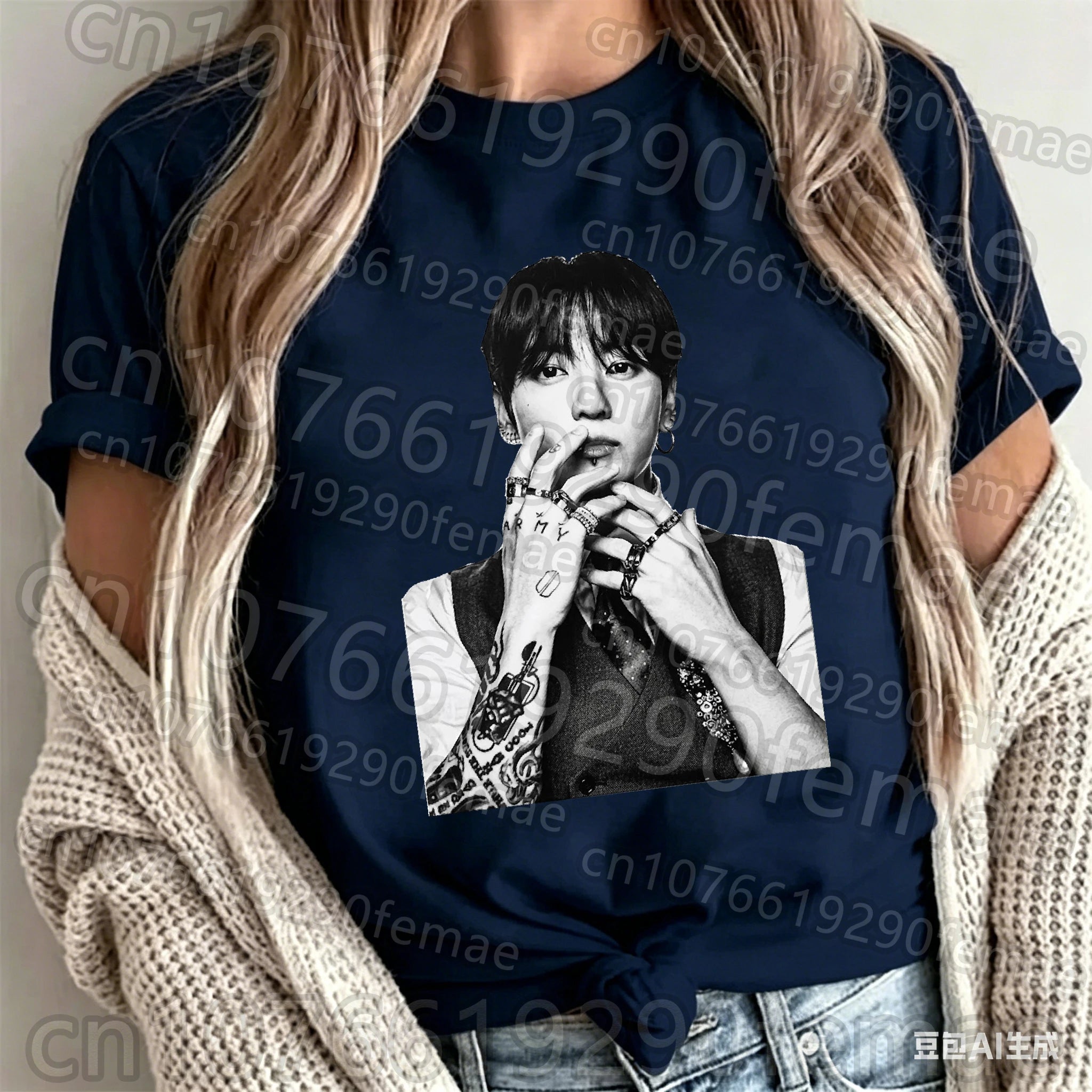 Jungkook printed cotton short sleeve T-shirt featuring BTS K-pop idol design, unisex cool summer teen girl concert support top.