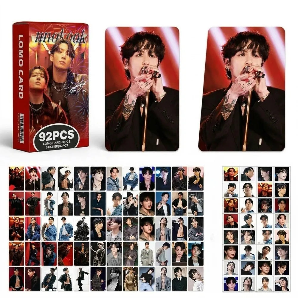 High-quality Jung-Kook Kpop J-K idol Lomo card set with 60+32 stickers, featuring vibrant images for fans and collectors.