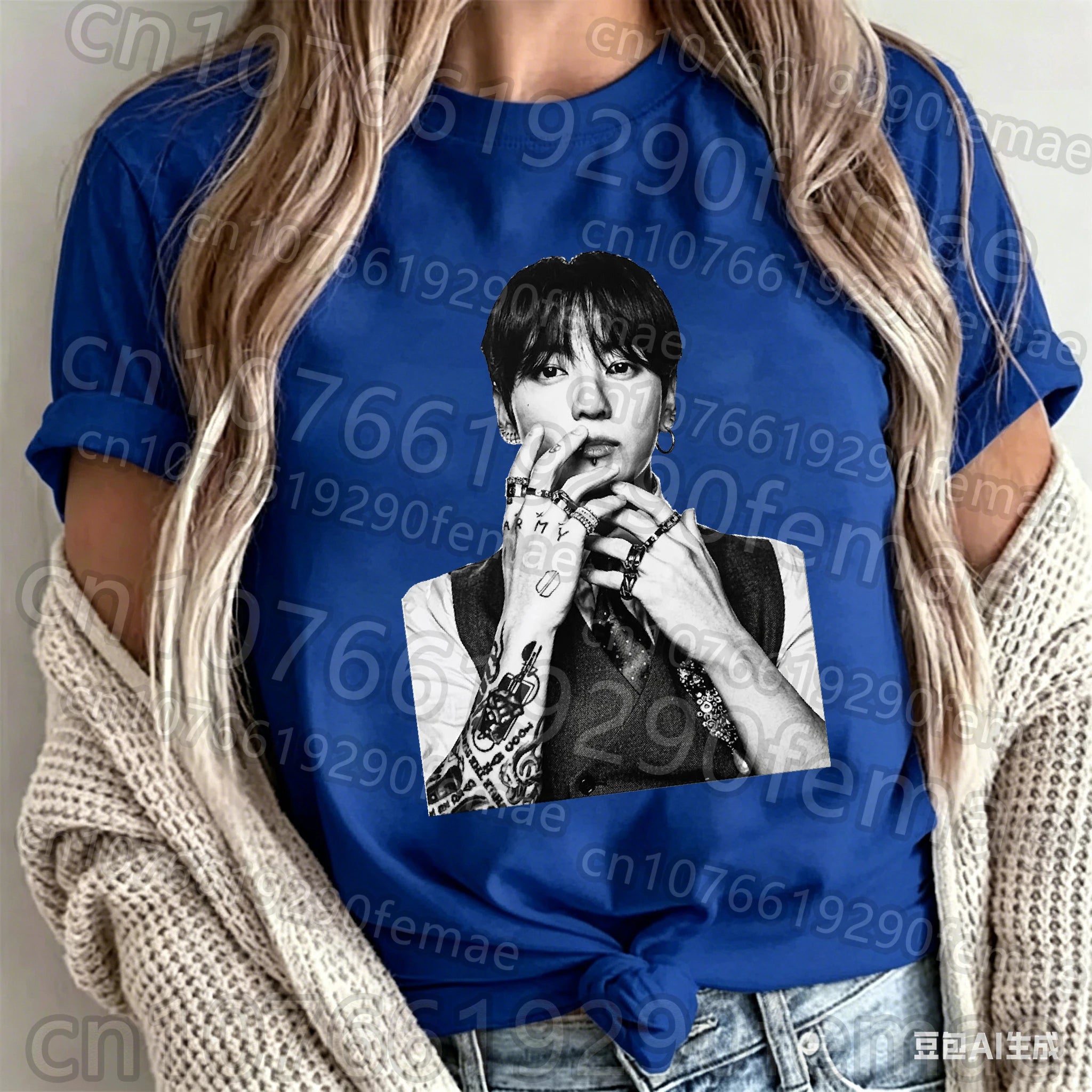 Jungkook printed cotton short sleeve T-shirt featuring BTS idol design, unisex teen summer top, by Kitty TeeHees.
