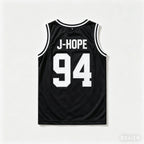 Black Kpop basketball jersey tank top featuring Jin, Suga, RM, J-Hope, Jimin, V, and Jungkook fans vest for unisex summer wear.