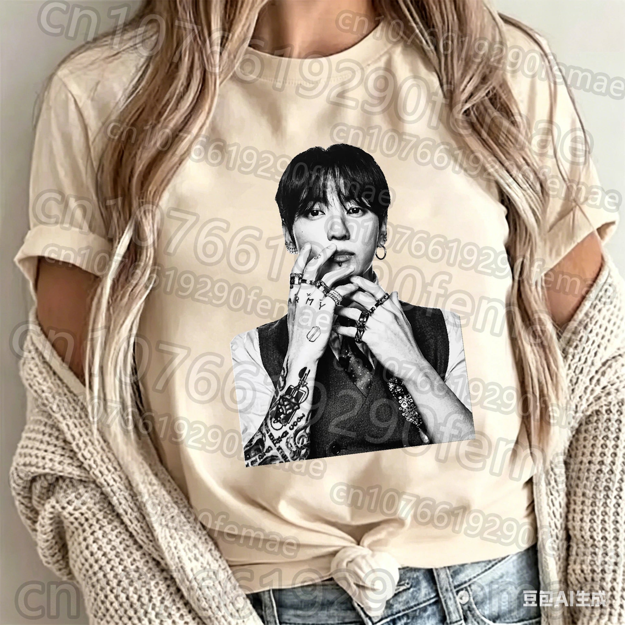 Jungkook printed cotton short sleeve T-shirt featuring BTS idol design, unisex cool summer top by Kitty TeeHees.