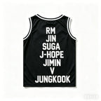 Black Kpop basketball jersey tank top featuring Jin, Suga, RM, J-Hope, Jimin, V, and Jungkook fans vest for summer, unisex style.