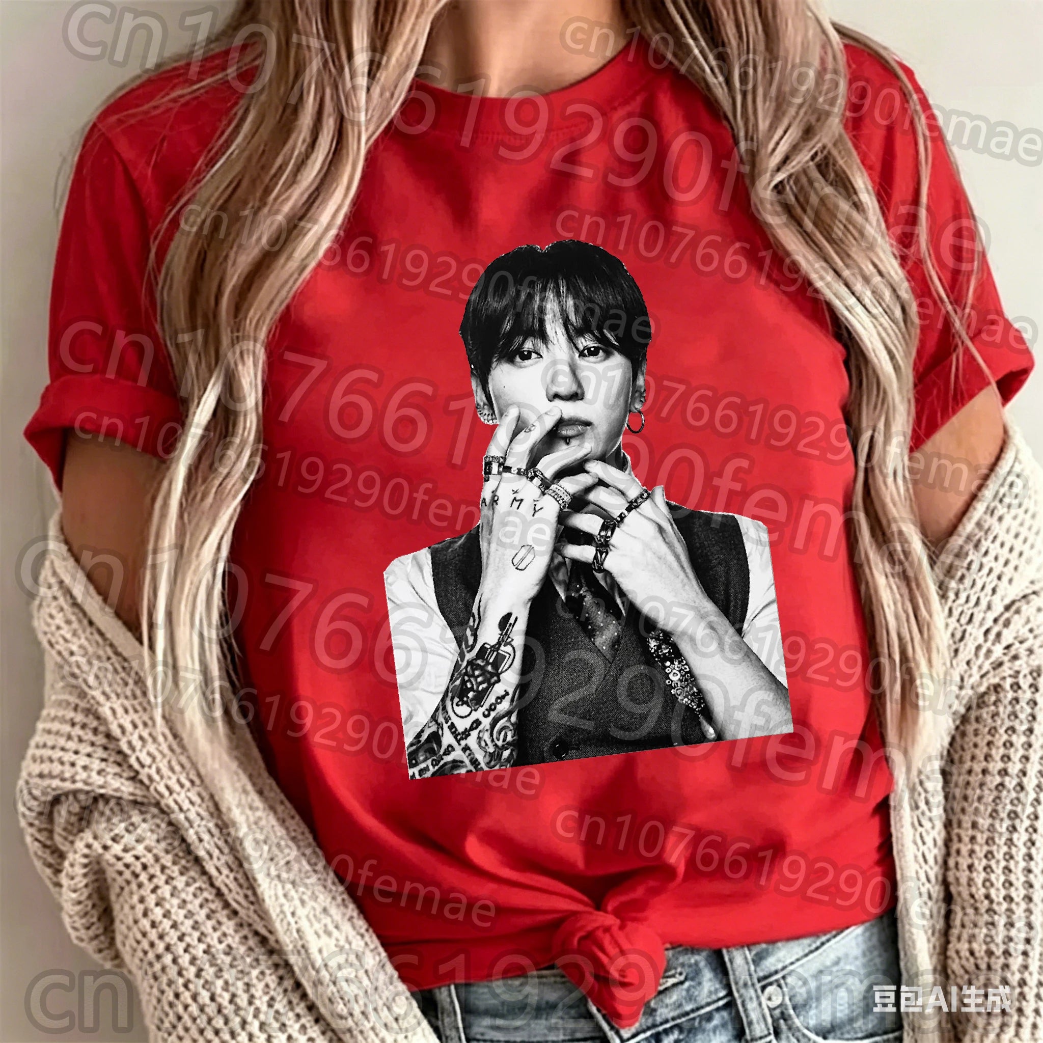 Jungkook printed cotton short sleeve T-shirt for teen girls, featuring BTS KPOP idol design, casual unisex summer top, Kitty TeeHees brand