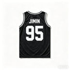 Black Kpop basketball jersey tank top by Kitty TeeHees featuring Jin, Suga, RM, J-Hope, Jimin, V, and Jungkook for fans.