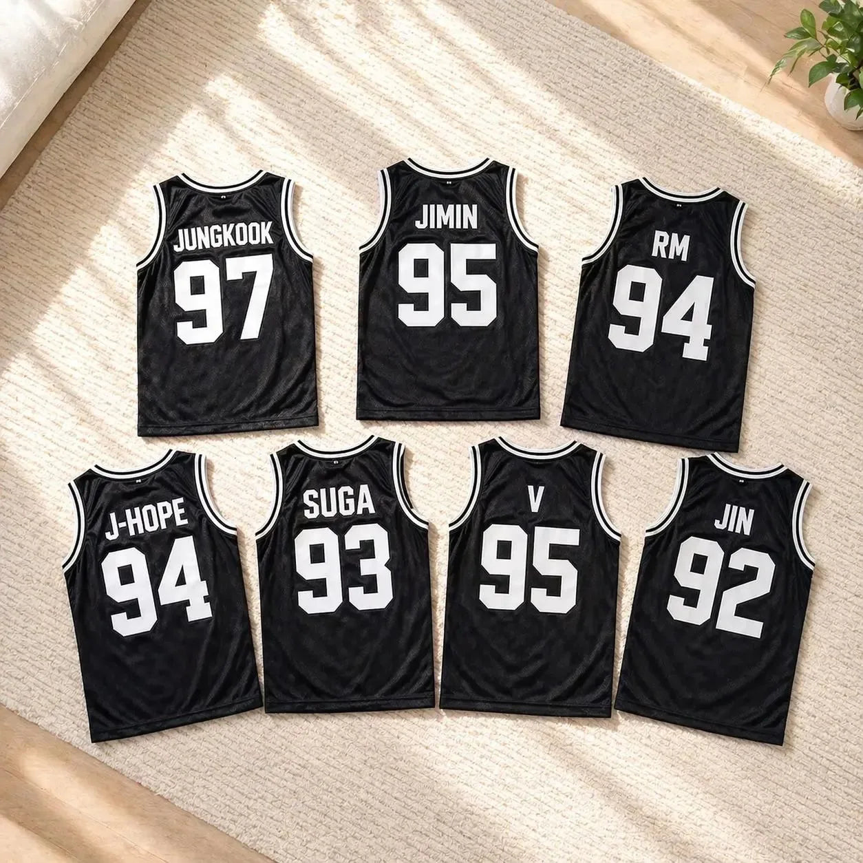 Black Kpop basketball jersey tank top by Kitty TeeHees featuring Jin, Suga, RM, J-Hope, Jimin, V, and Jungkook fans vest for summer.