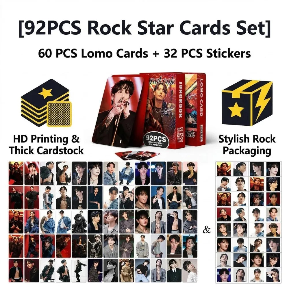 Kpop Jungkook merch lomo card set with high-quality photocards and stickers, featuring Jungkook from BTS for fans and collectors.