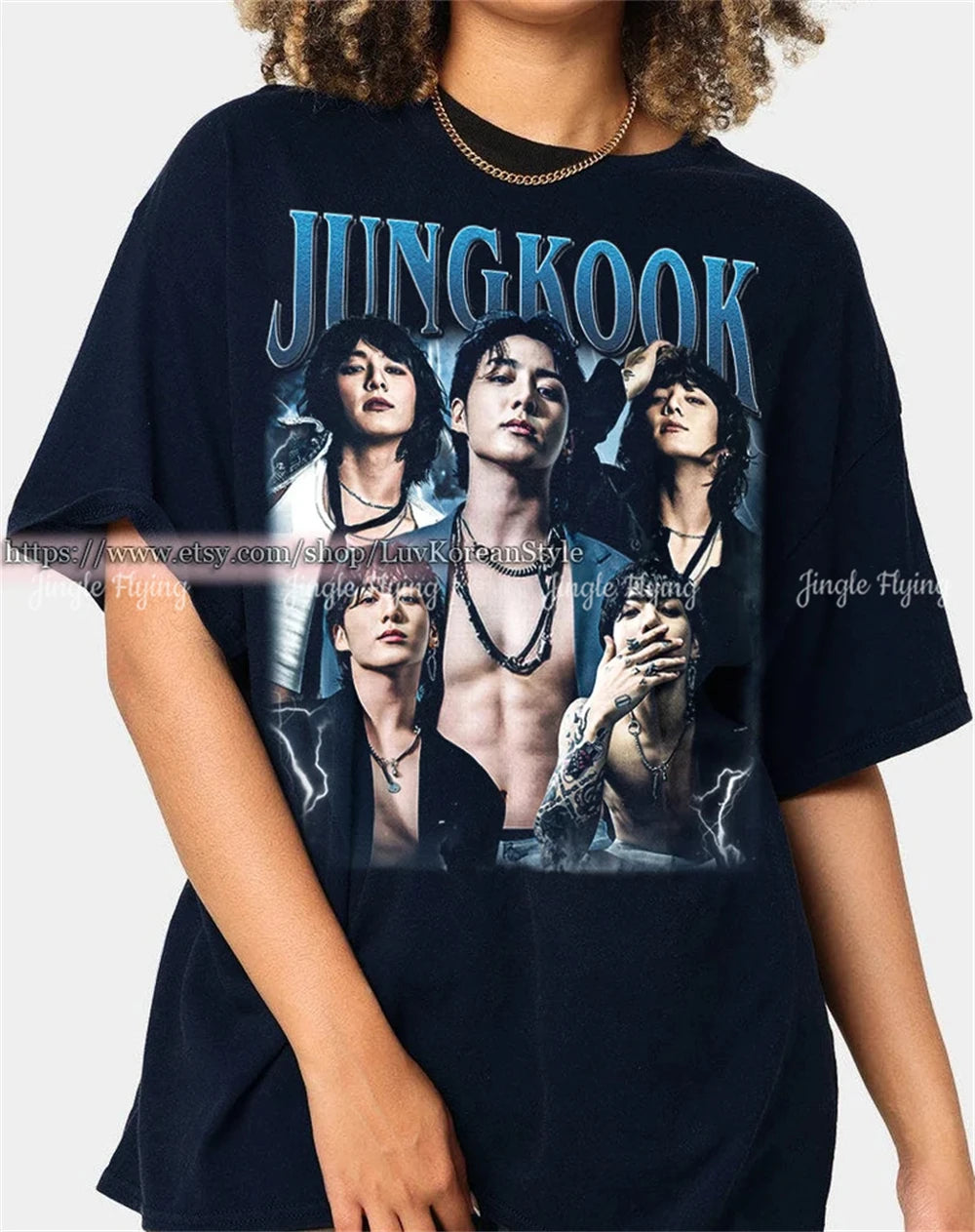 Vintage white cotton T-shirt featuring Jungkook from BTS, unisex design by Kitty TeeHees, soft fabric and classic fit.