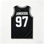 Black Kpop basketball jersey tank top featuring Jin, Suga, RM, J-Hope, Jimin, V, and Jungkook fans vest, unisex summer wear from Kitty TeeHees