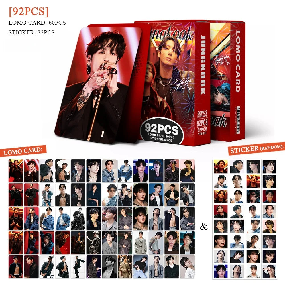 Kpop Jungkook Lomo card set with 60+32 high-quality photocard stickers, collectible merchandise for Jungkook fans