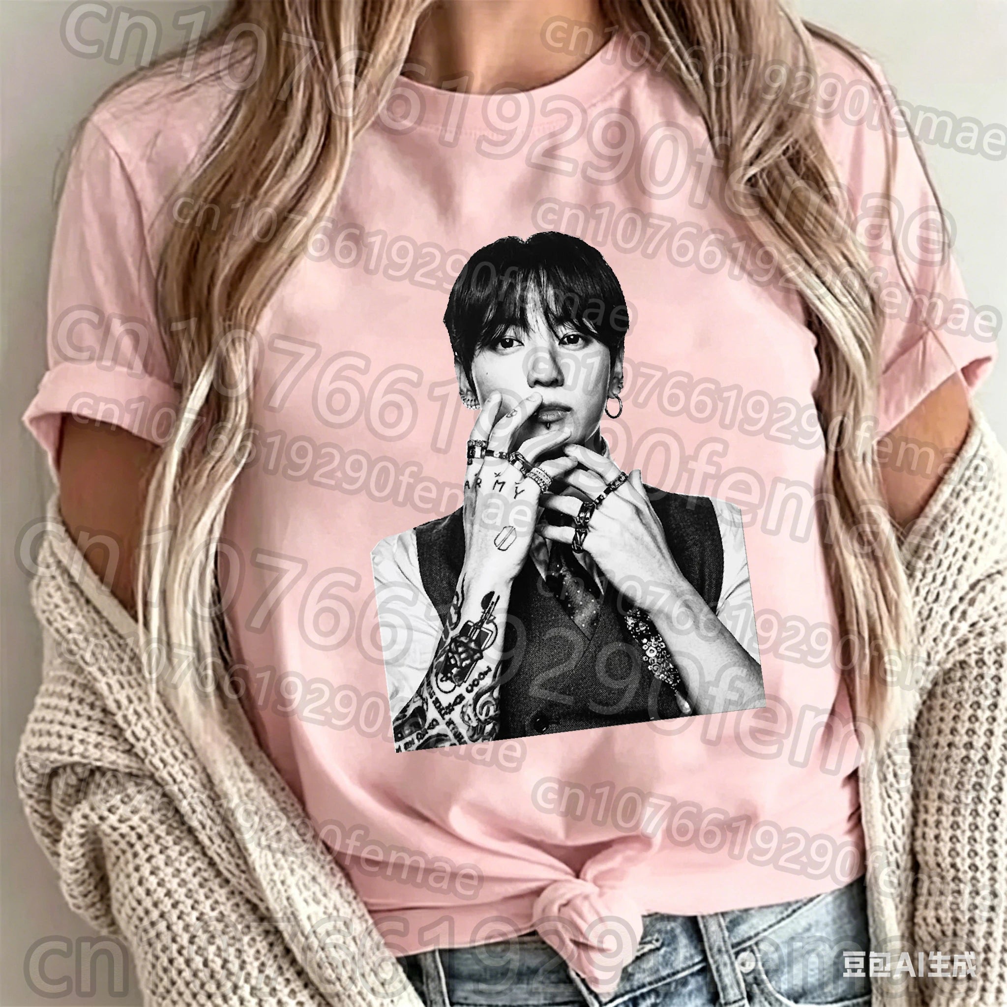 Jungkook printed cotton short sleeve T-shirt featuring BTS KPOP idol design, unisex summer top by Kitty TeeHees.