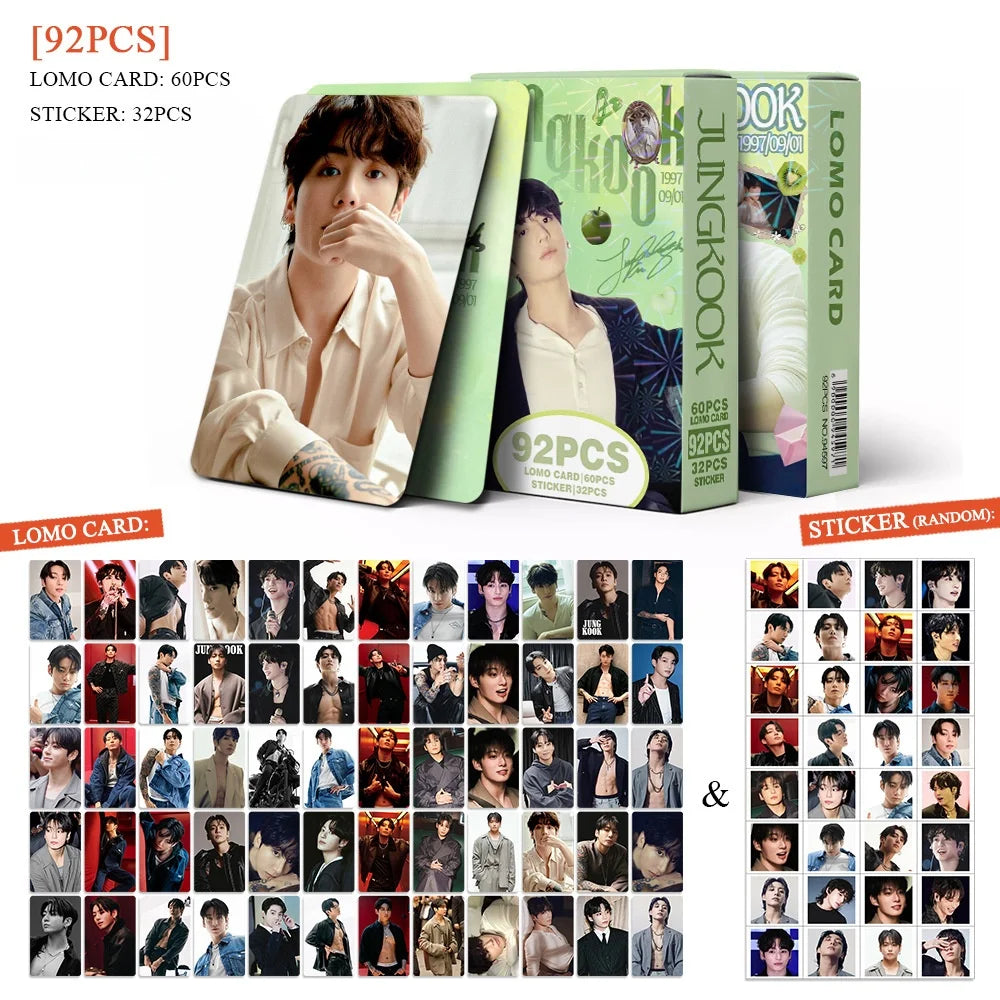 Kpop Jung-Kook lomo card set with 60+32pcs high-quality photocard stickers, ideal for Jungkook fans and collectors.