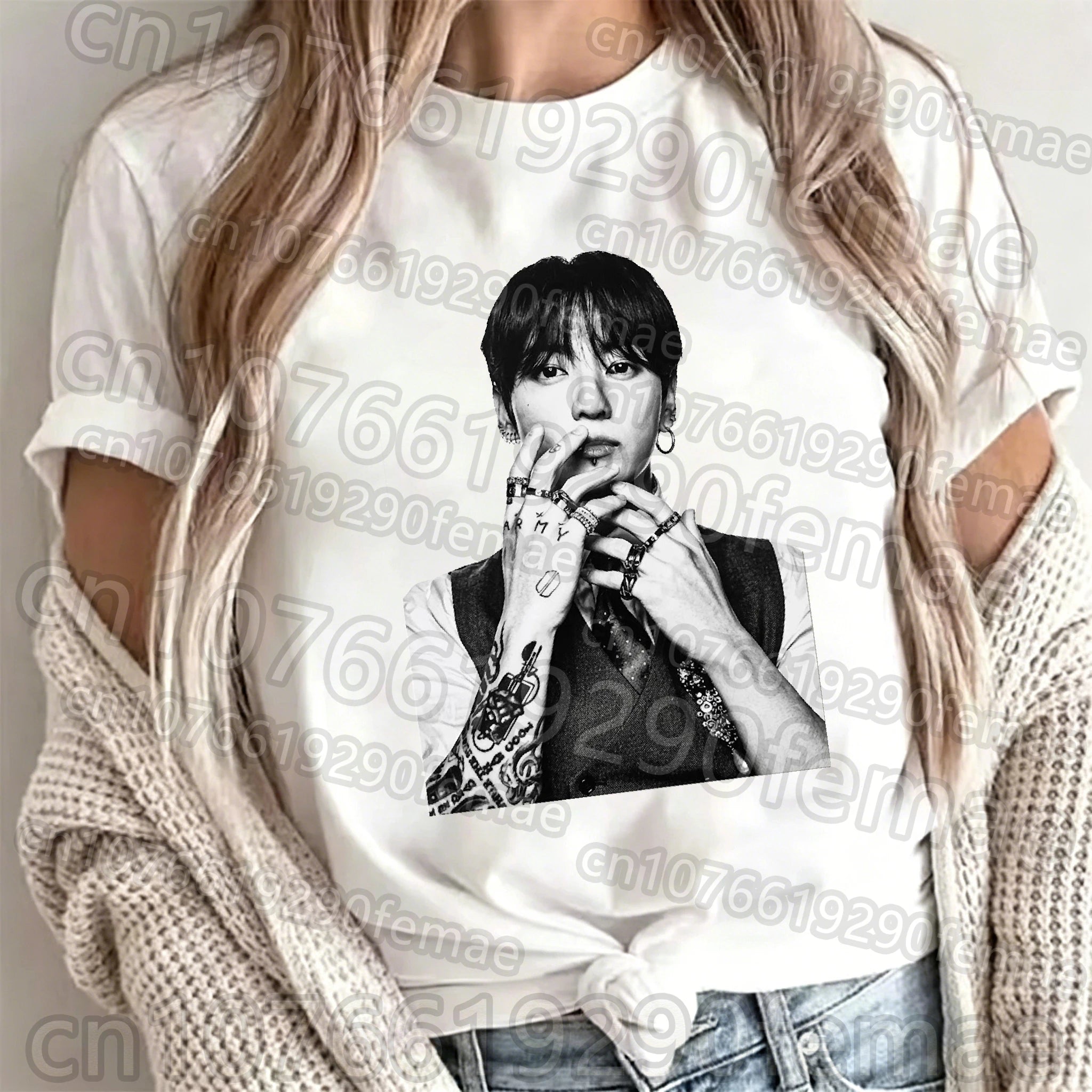 Jungkook printed cotton short sleeve T-shirt featuring BTS idol design, unisex summer top by Kitty TeeHees.
