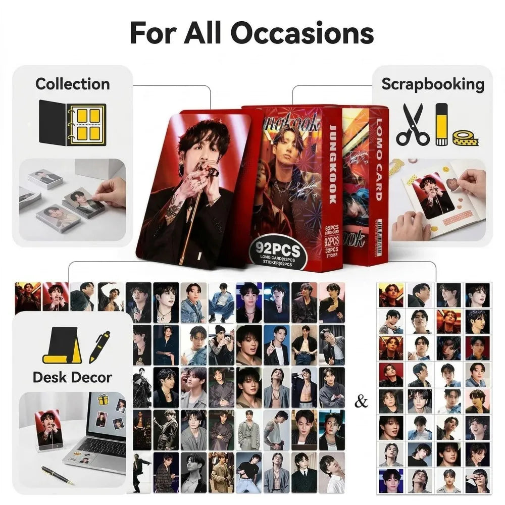 High-quality Jung-Kook Kpop J-K idol lomo card and sticker set from Kitty TeeHees, featuring vibrant photos and collectible designs.