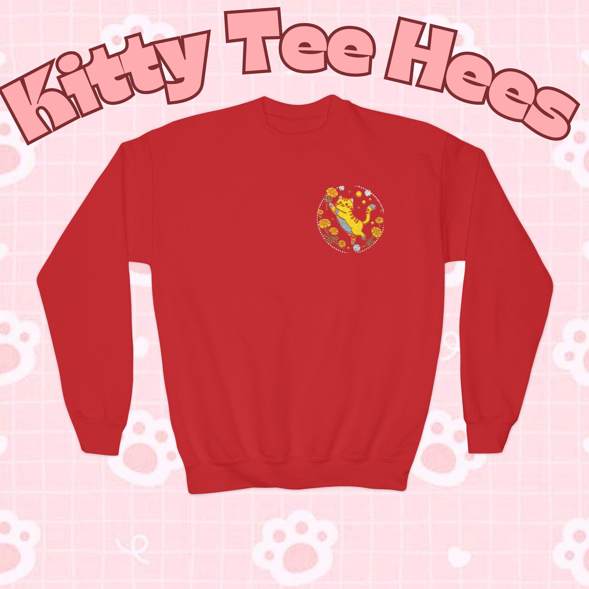 Embroidered Kitty Sweatshirt, Marigold Puff, Kids Cotton-Poly Blend - Kitty TeeHees