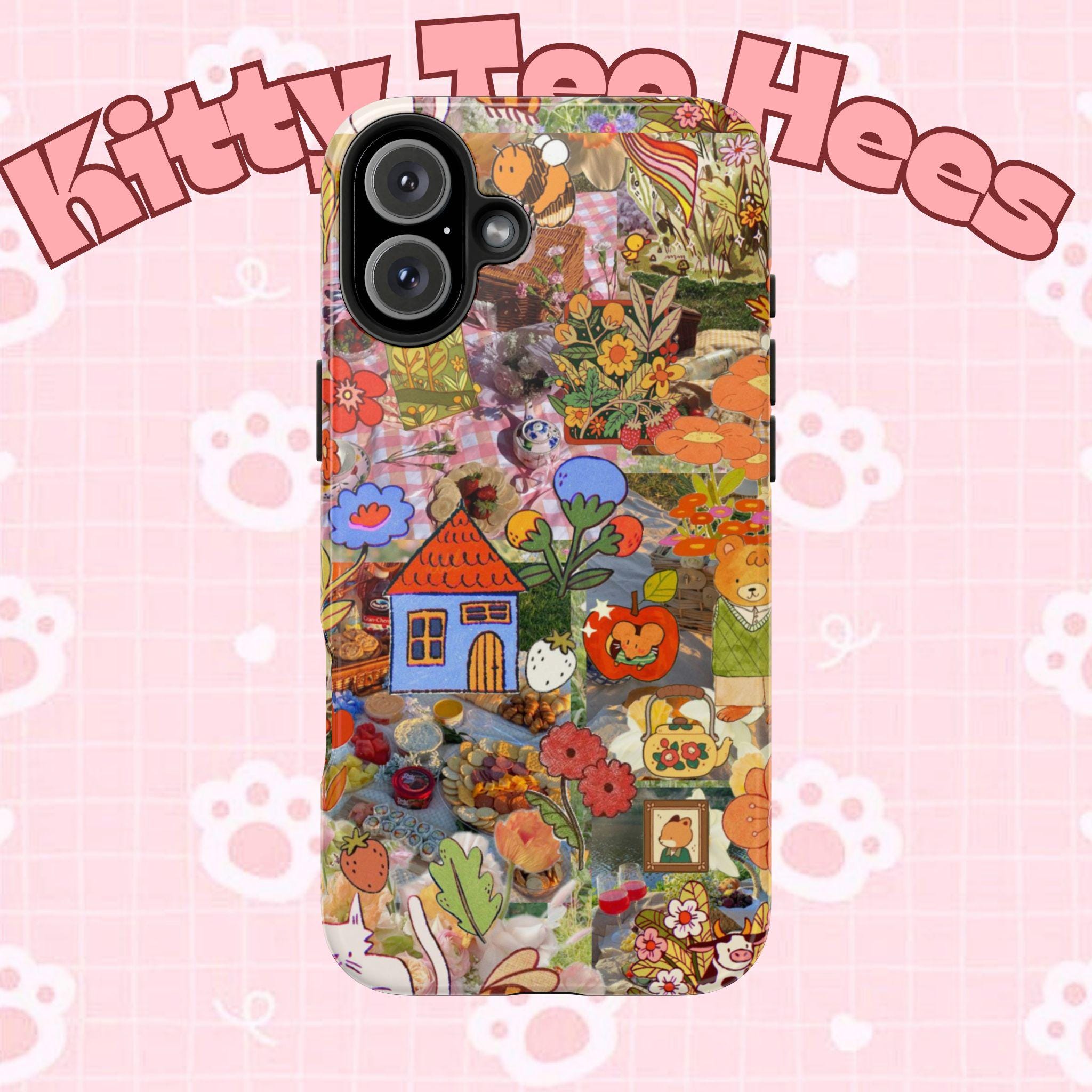 Bee kind to cats, iphone 17 case, Floral Tough Phone Cases, Cute Phone Cover, maximalist Gift, Floral Pattern, Nature Lover Gift - Kitty TeeHees