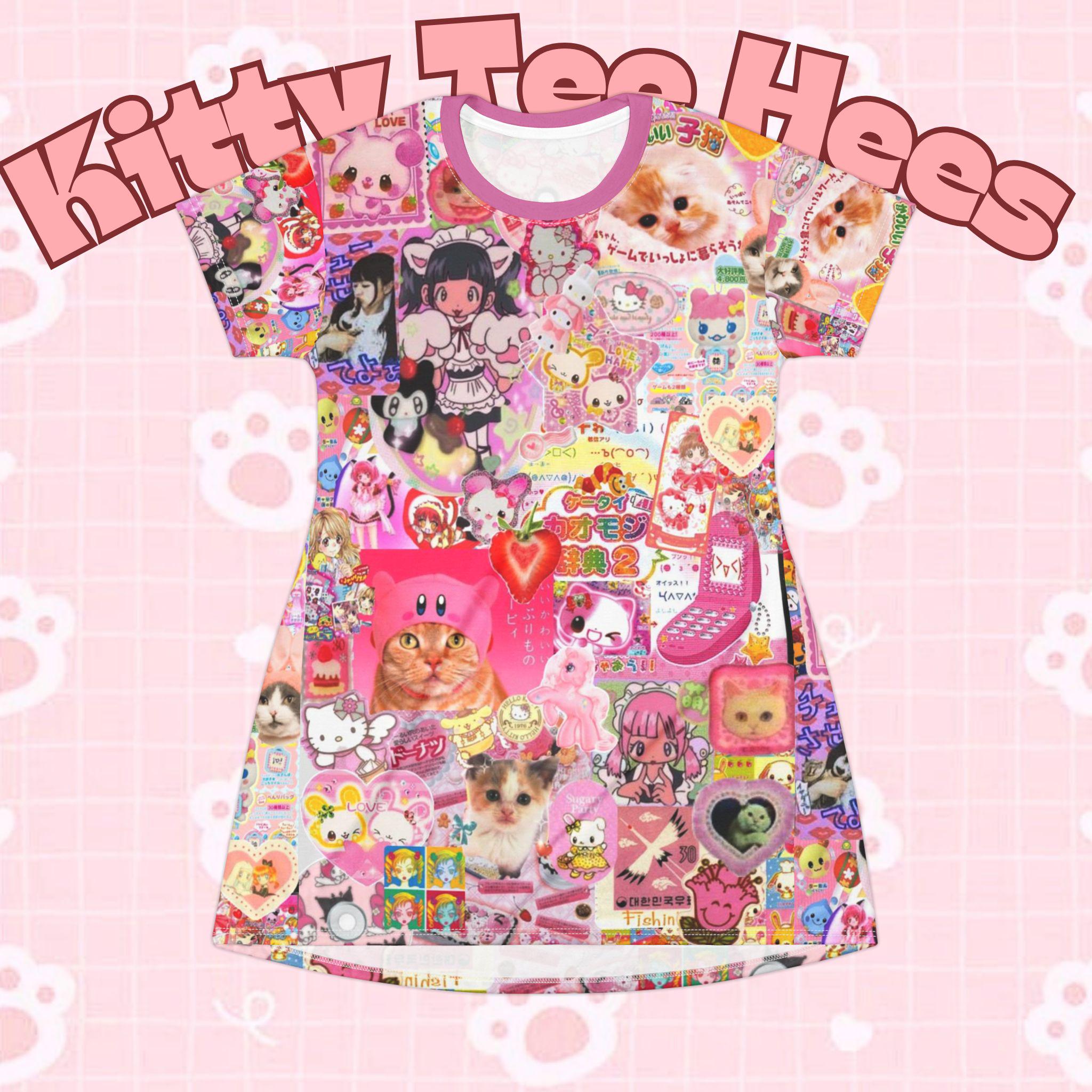 Kawaii T-Shirt Dress: Pink Pastel AOP, Fun Summer Outfit - Kitty TeeHees