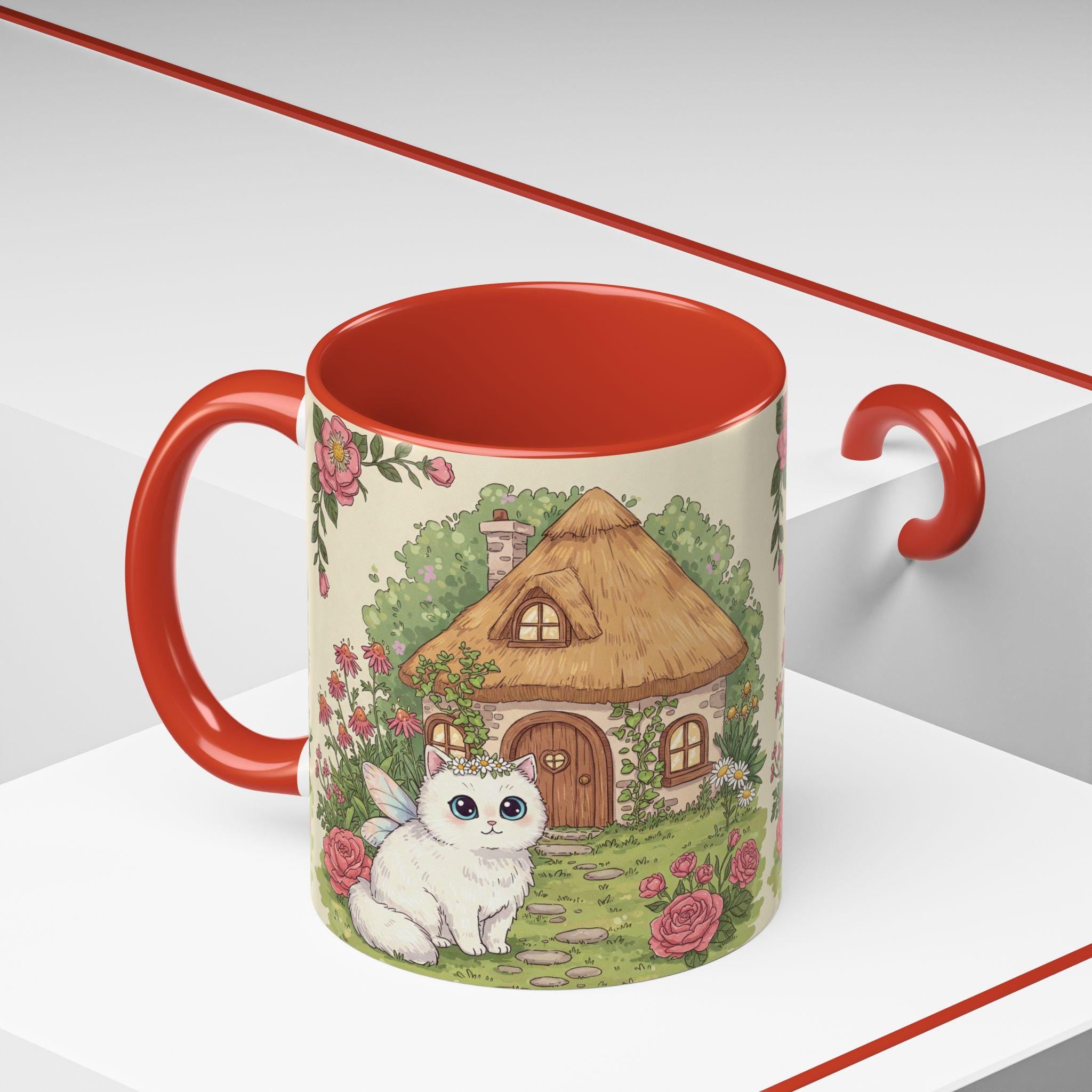 Cottage Fairy Cat Coffee Mug: Whimsical Floral Design - Kitty TeeHees