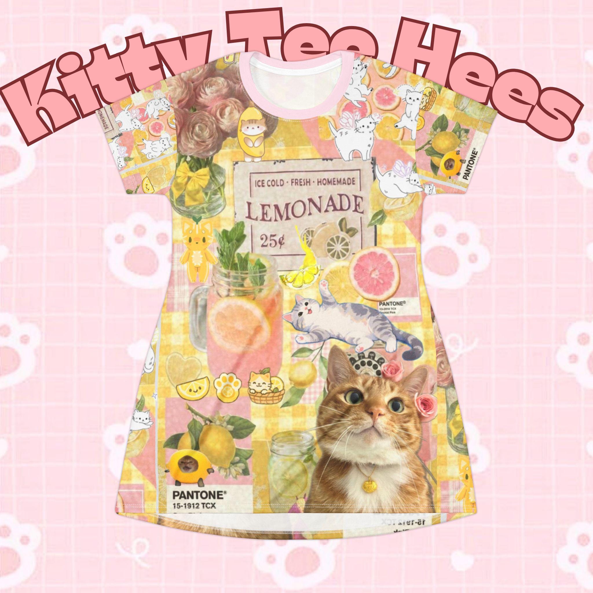 Pink Lemonade Kitty T-Shirt Dress, Cat Lover Fashion - Kitty TeeHees