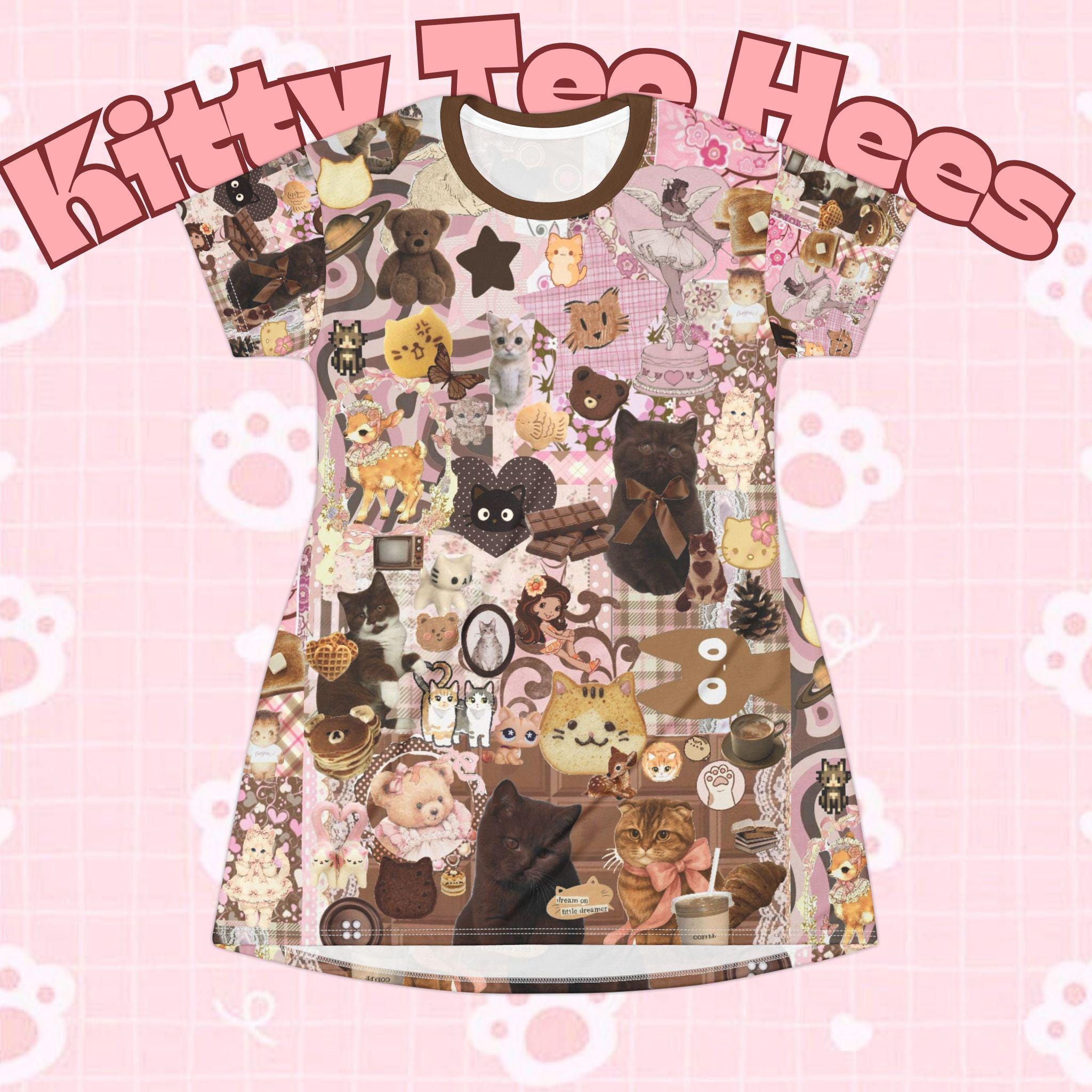 Y2K brown and pink Kitty Bread Chocolate Dress T-Shirt 2000s fashion - Kitty TeeHees