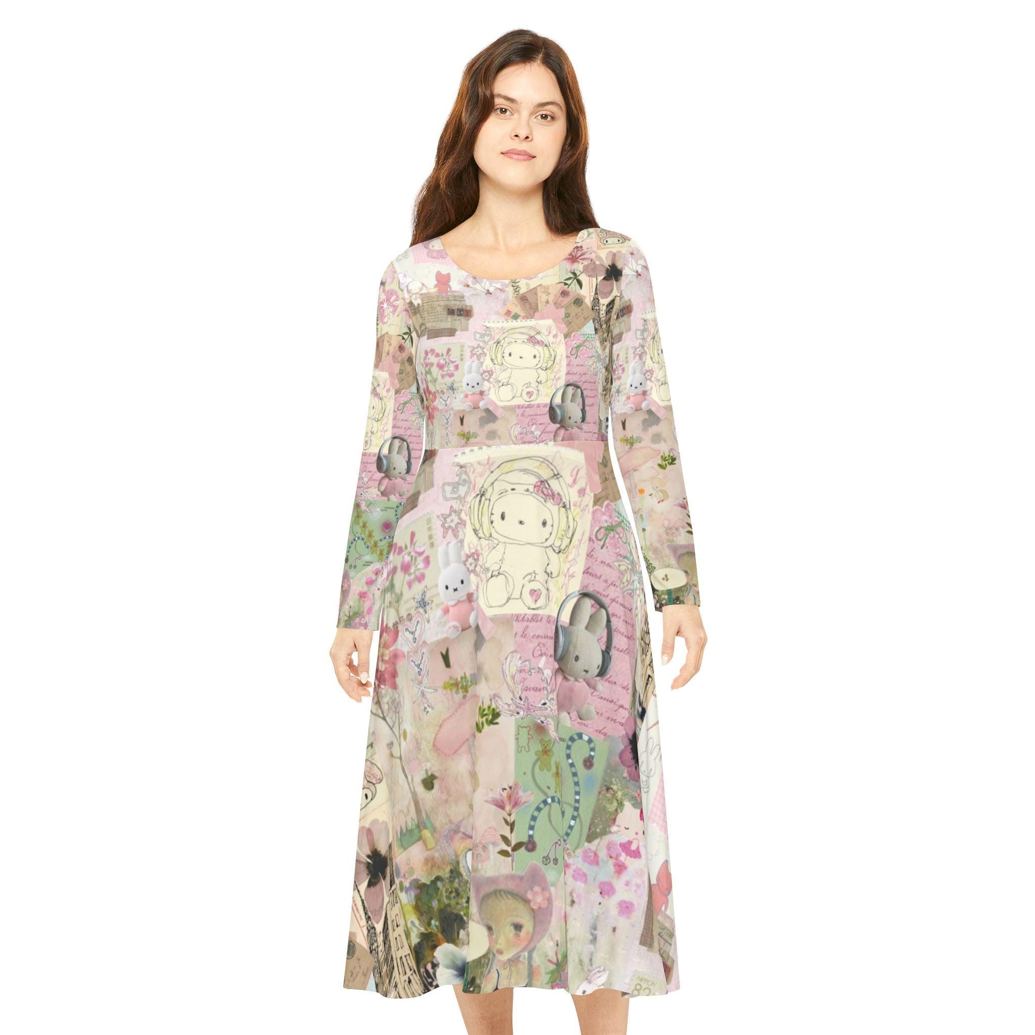 Hello Kitties Long Sleeve Dress, Floral Dance Party Dress - Kitty TeeHees