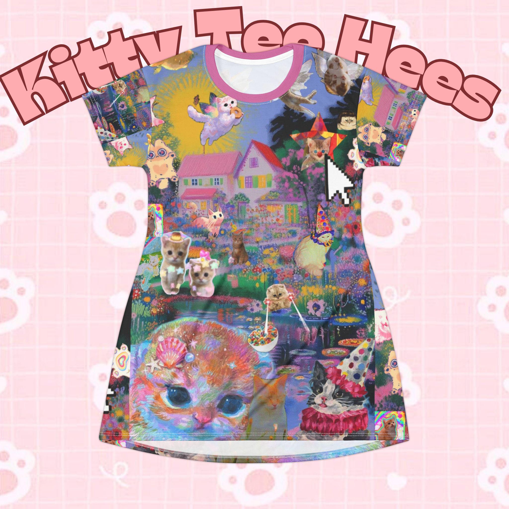 Kidcore Cat T-Shirt Dress, Maximalist Clown Cat Print - Kitty TeeHees