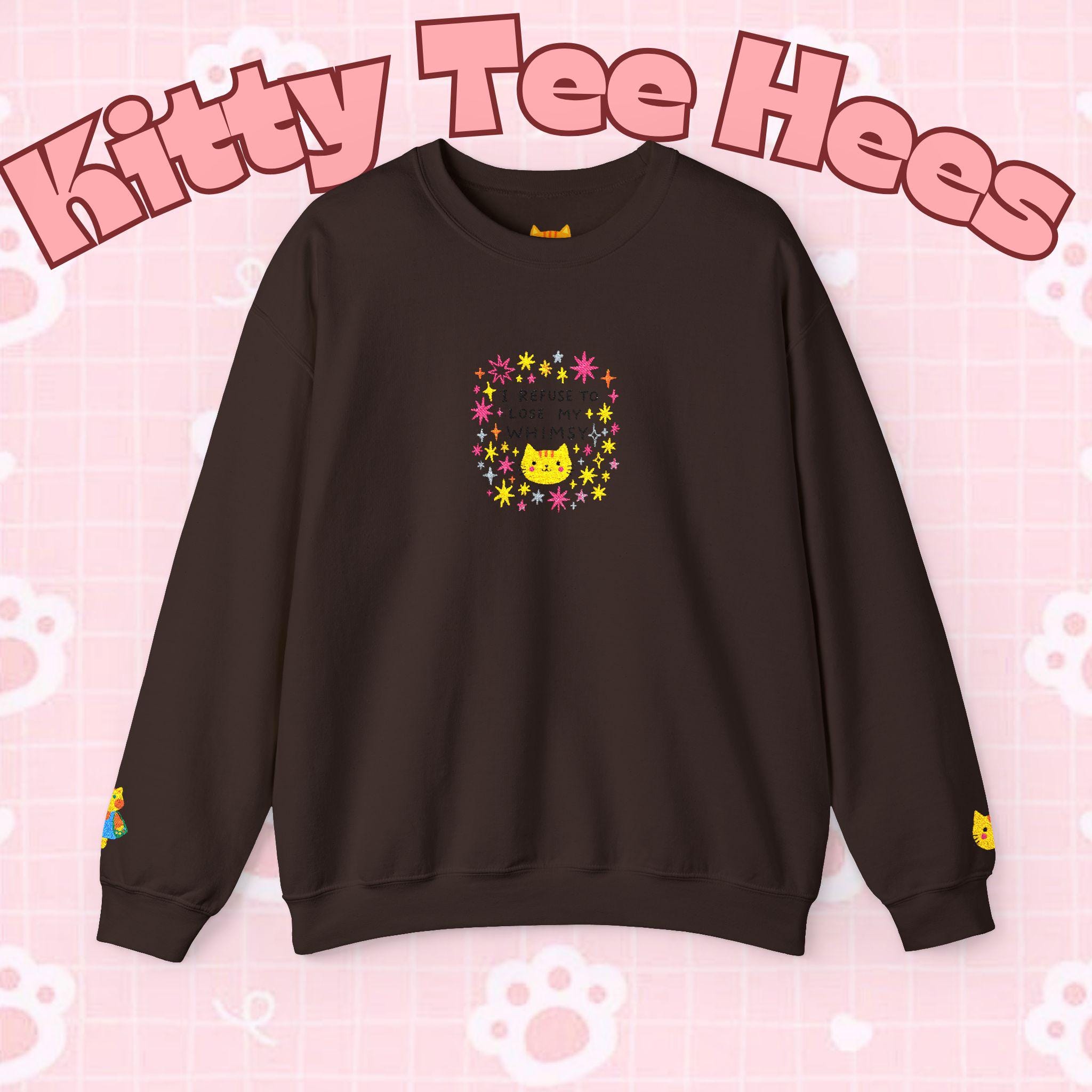 Kitty Tee Hees sweatshirt | Cute kitty illustration, pastel stars and flowers - Kitty TeeHees
