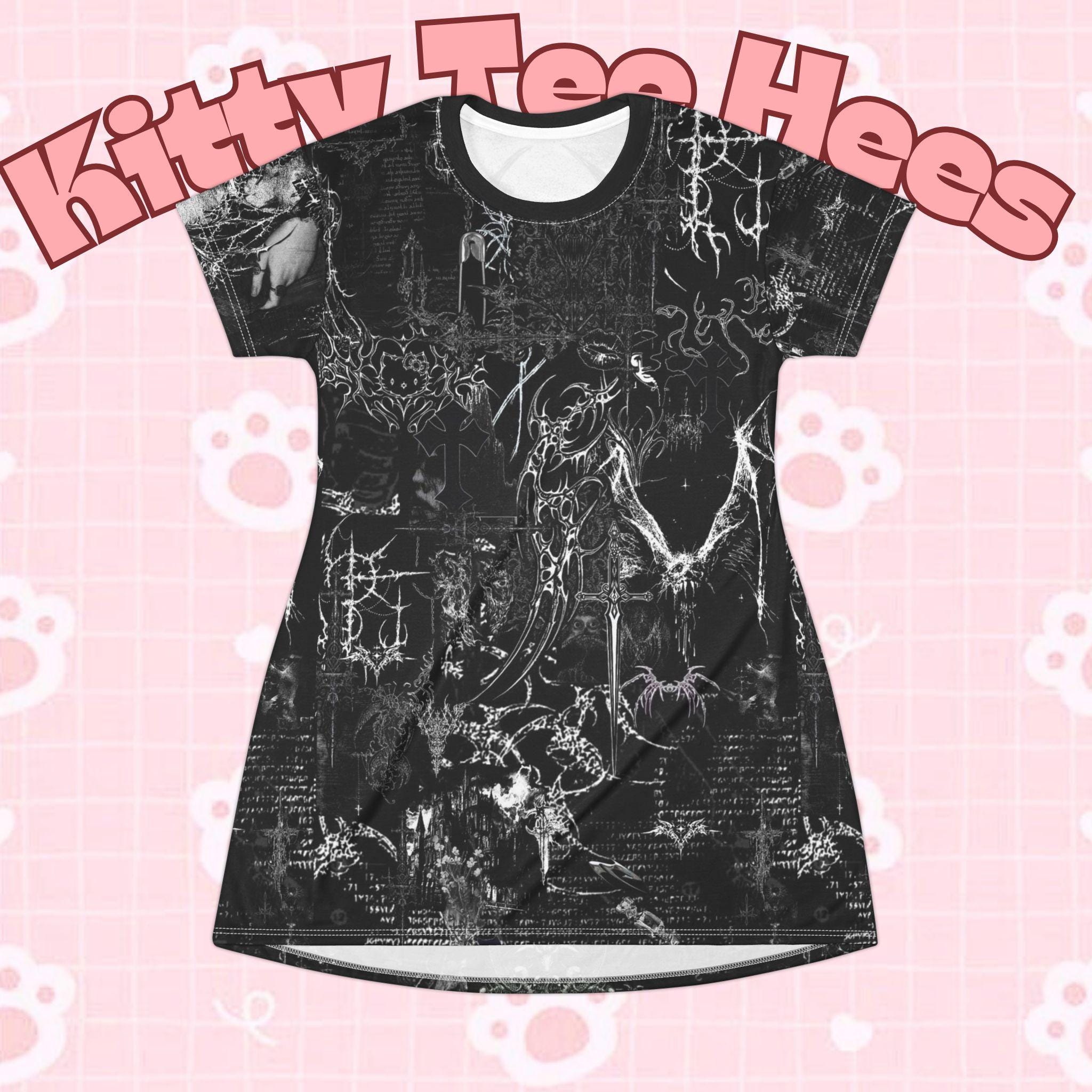Gothic T-Shirt Dress, Dark Aesthetic Apparel, catlover dress Witchy Fashion, Casual Summer Dress, Alternative Style Dress, Spooky Outfits - Kitty TeeHees